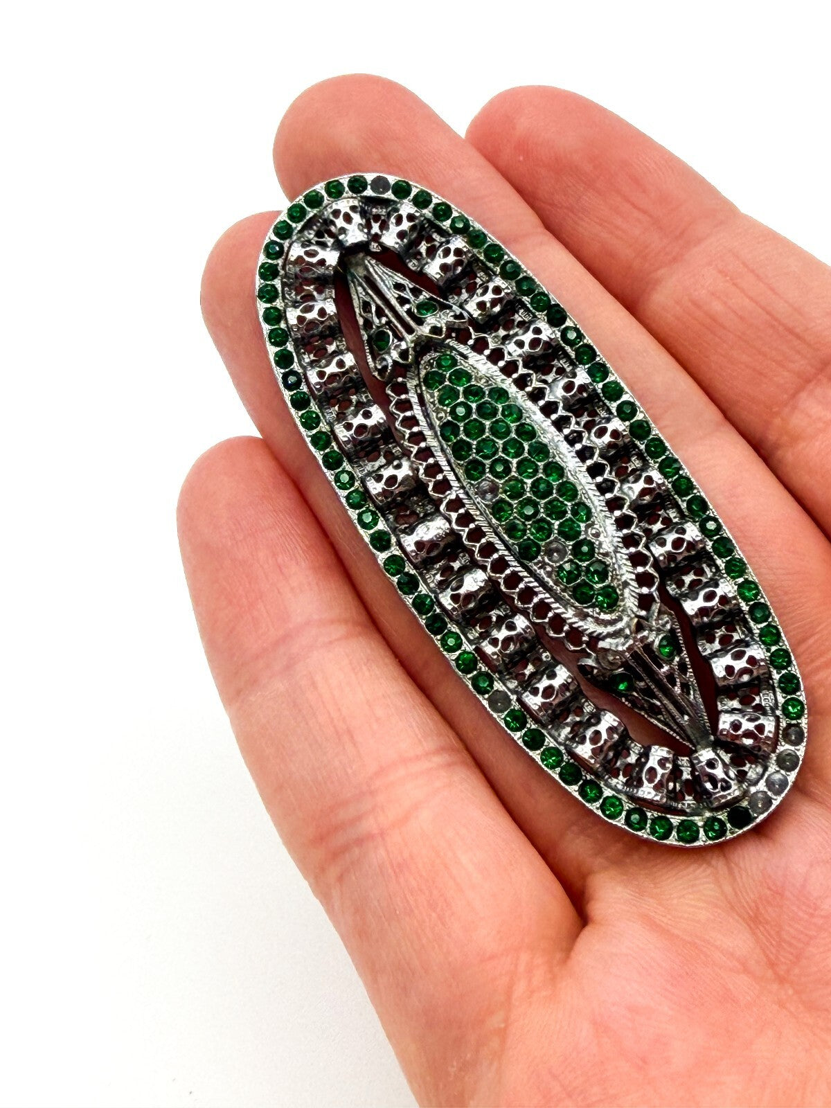 Vintage Art Deco Style Green Rhinestone Filigree Brooch Silver Tone Signed 468