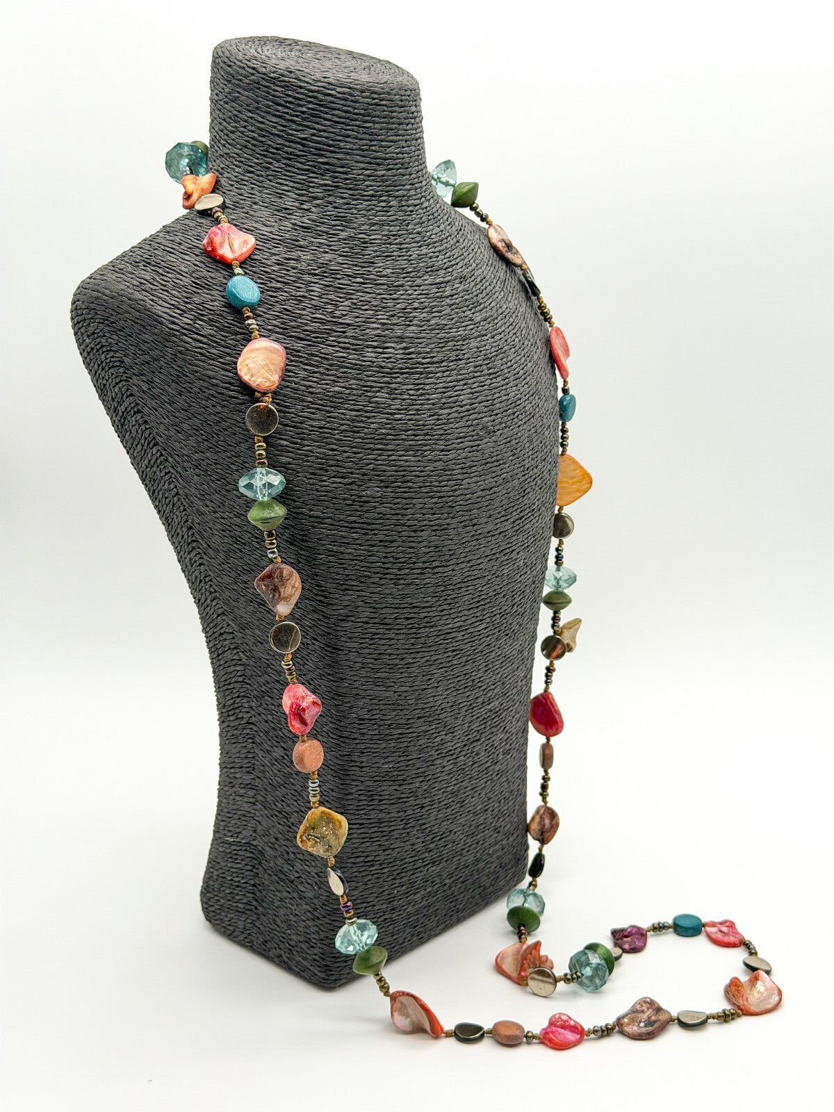Boho Long Hand Knotted Shell Wood Acrylic Bead Statement Necklace Multicolour