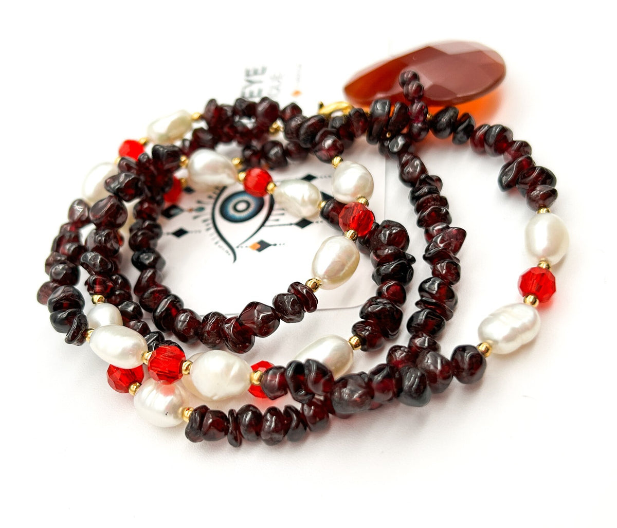 Long Garnet Necklace Freshwater Pearls Carnelian Heart Pendant Gemstone