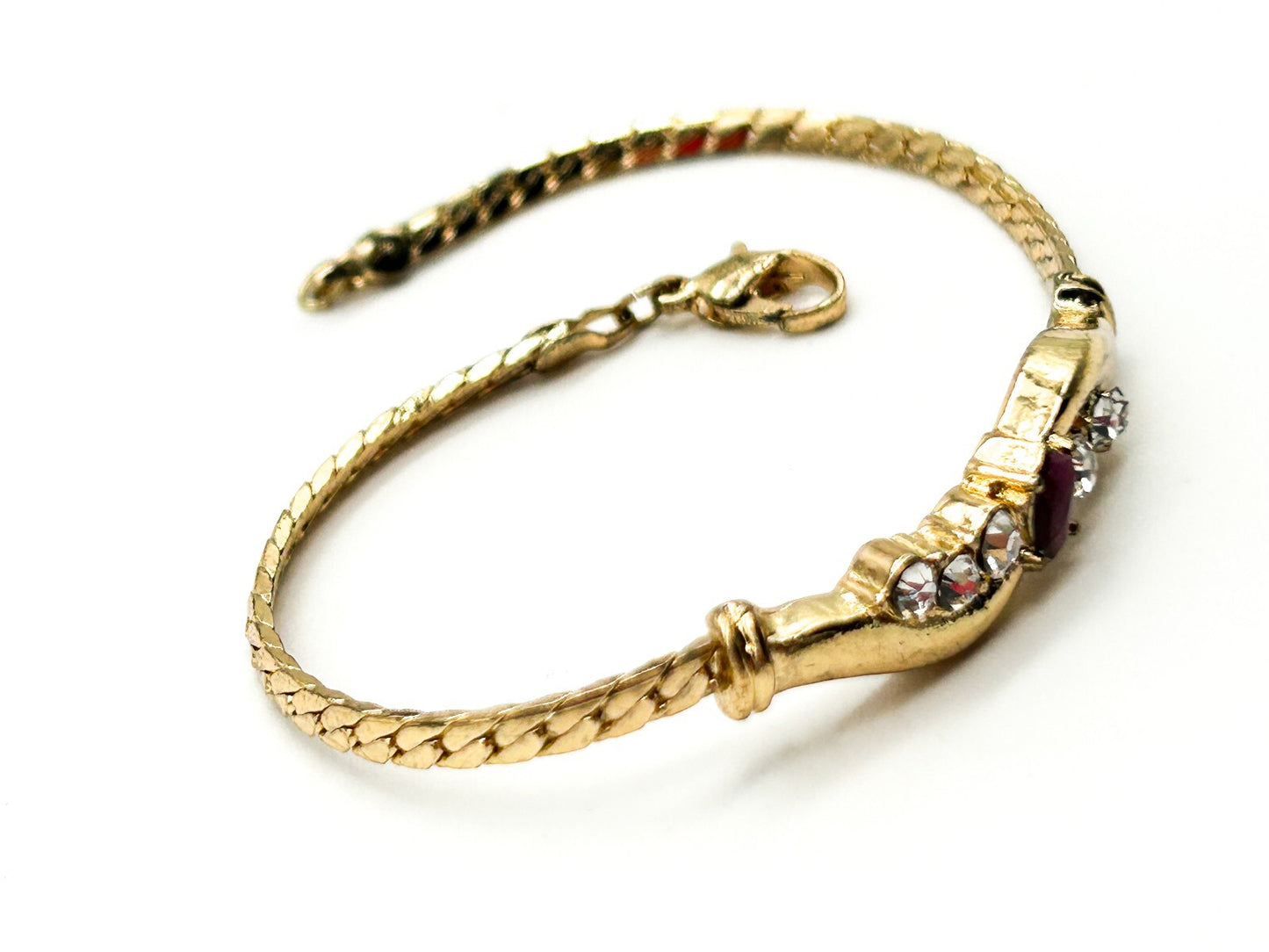 Vintage Gold Plated Cuban Link Bracelet Marquis Ruby (tested) & Glass Crystals
