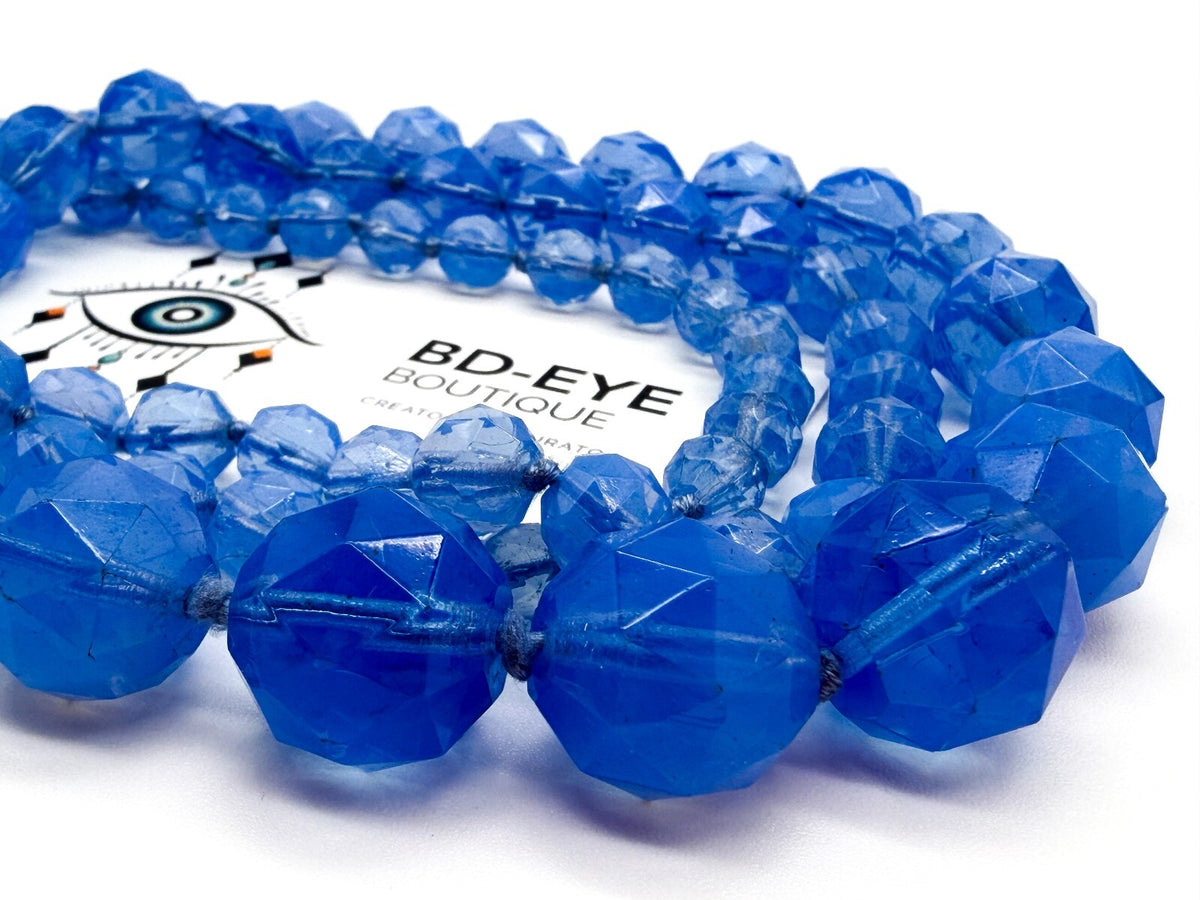 Vintage Long Blue Faceted Glass Bead Necklace Hand Knotted Continuous Strand