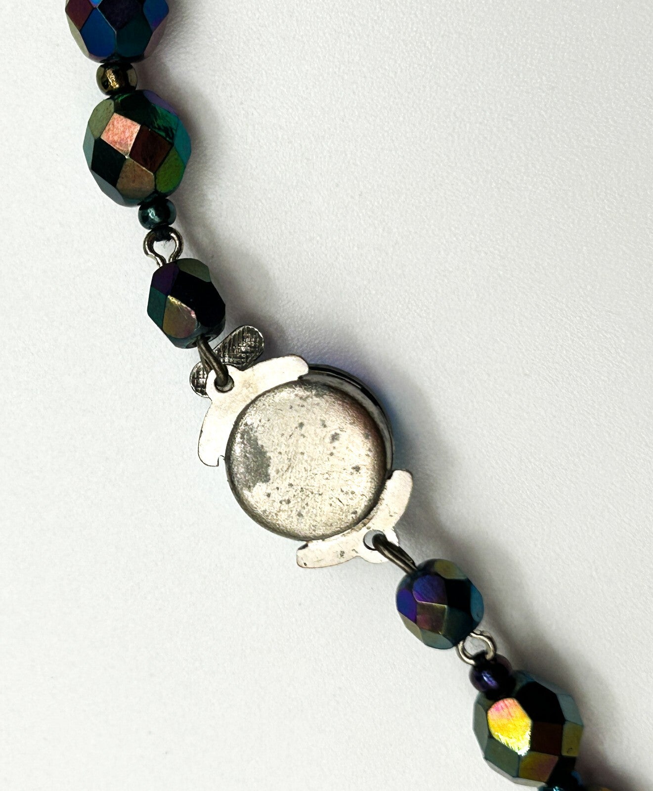 Vintage Carnival Glass Bead Necklace Peacock Iridescent Faceted 19”