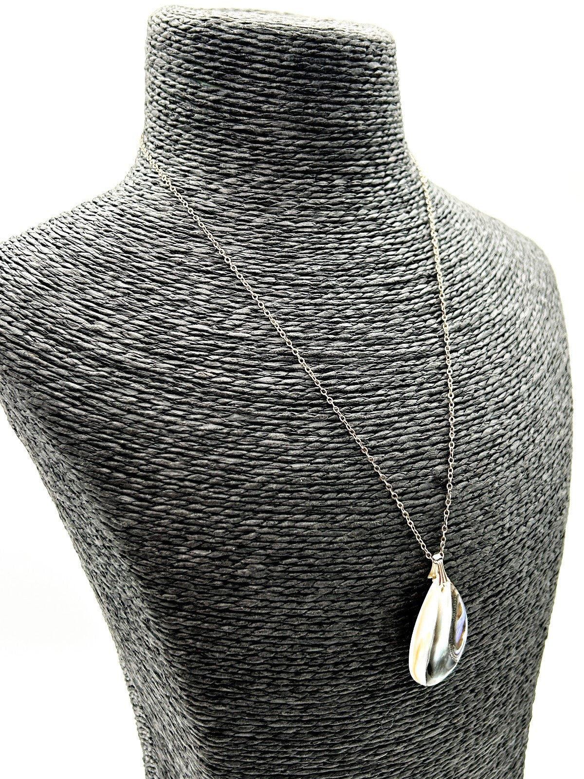Vintage Sterling Silver Chain Abalone Mother of Pearl Teardrop Pendant Necklace