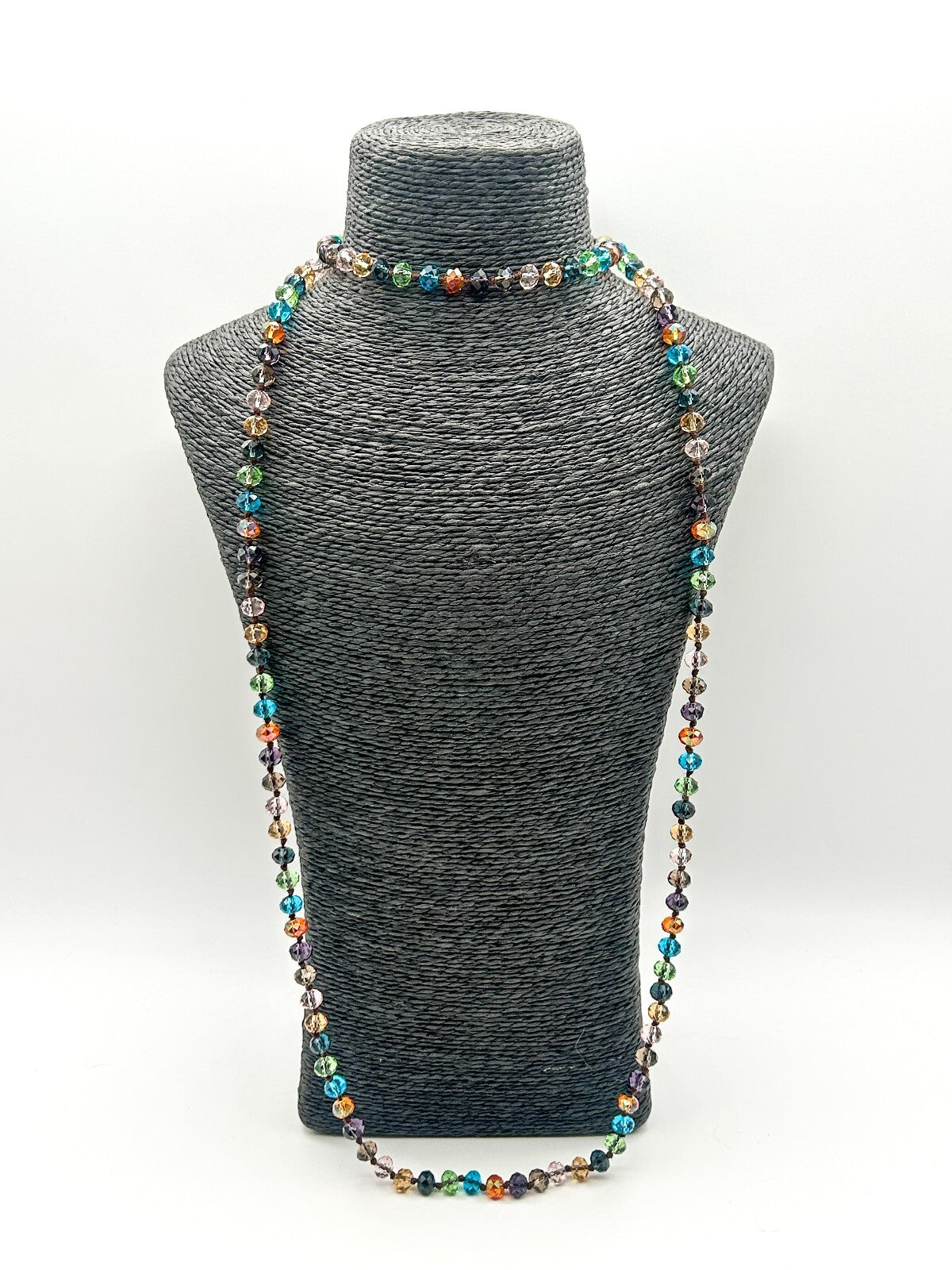 Vintage Multicolour Faceted Crystal Glass Necklace Hand Knotted Rainbow 23"