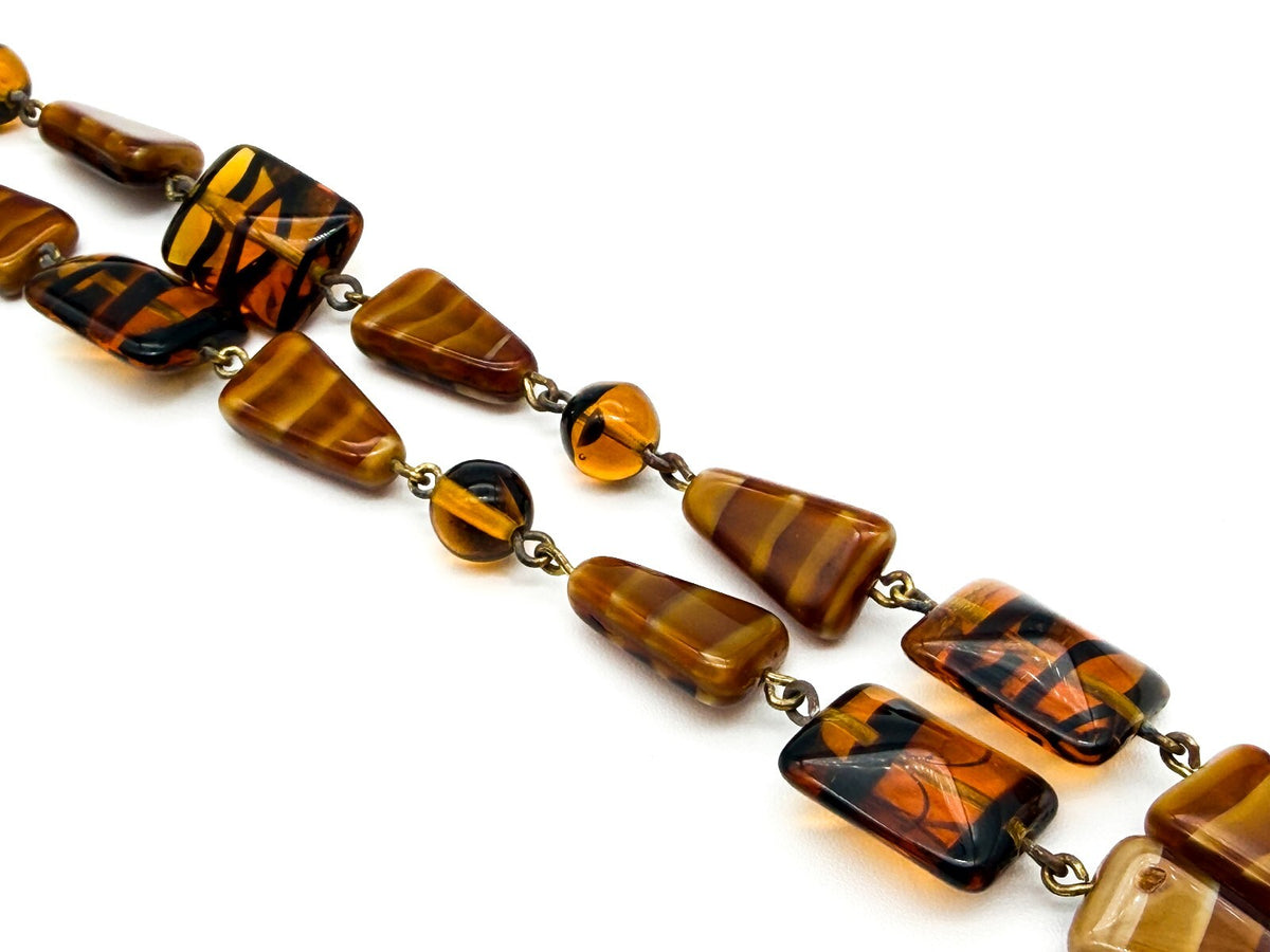 Vintage Amber Art Glass Necklace Givre Black Stripe Geometric Beads 24.5 Inch