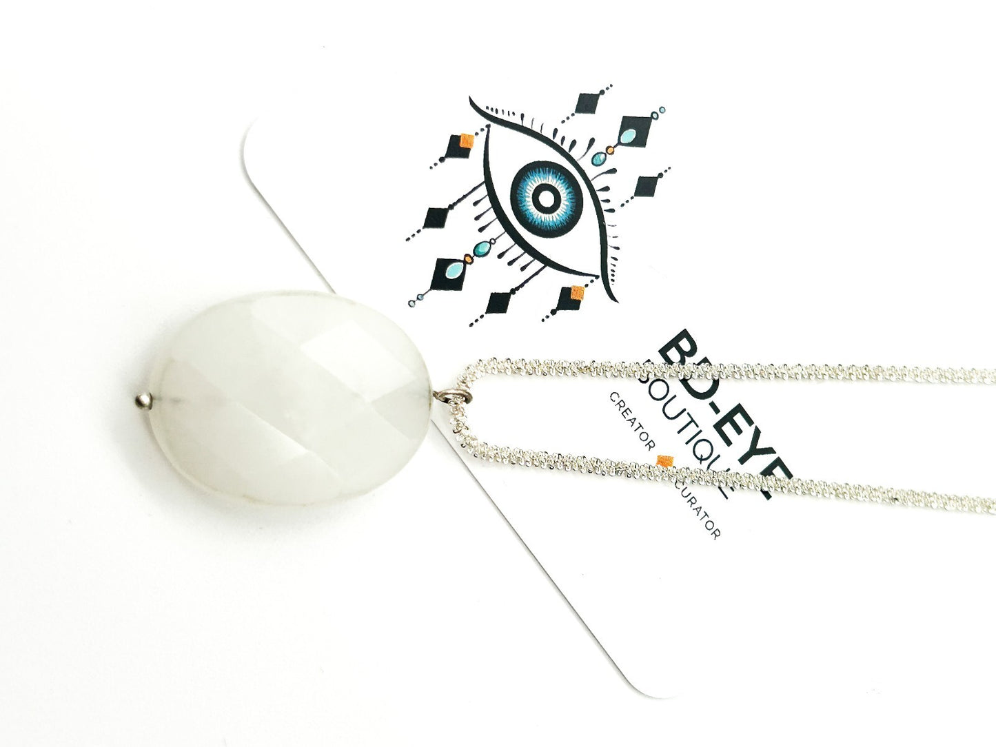 Natural White Jade Pendant Necklace Faceted Oval Gemstone 16.5” Silver Tone