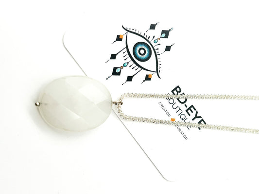 Natural White Jade Pendant Necklace Faceted Oval Gemstone 16.5” Silver Tone