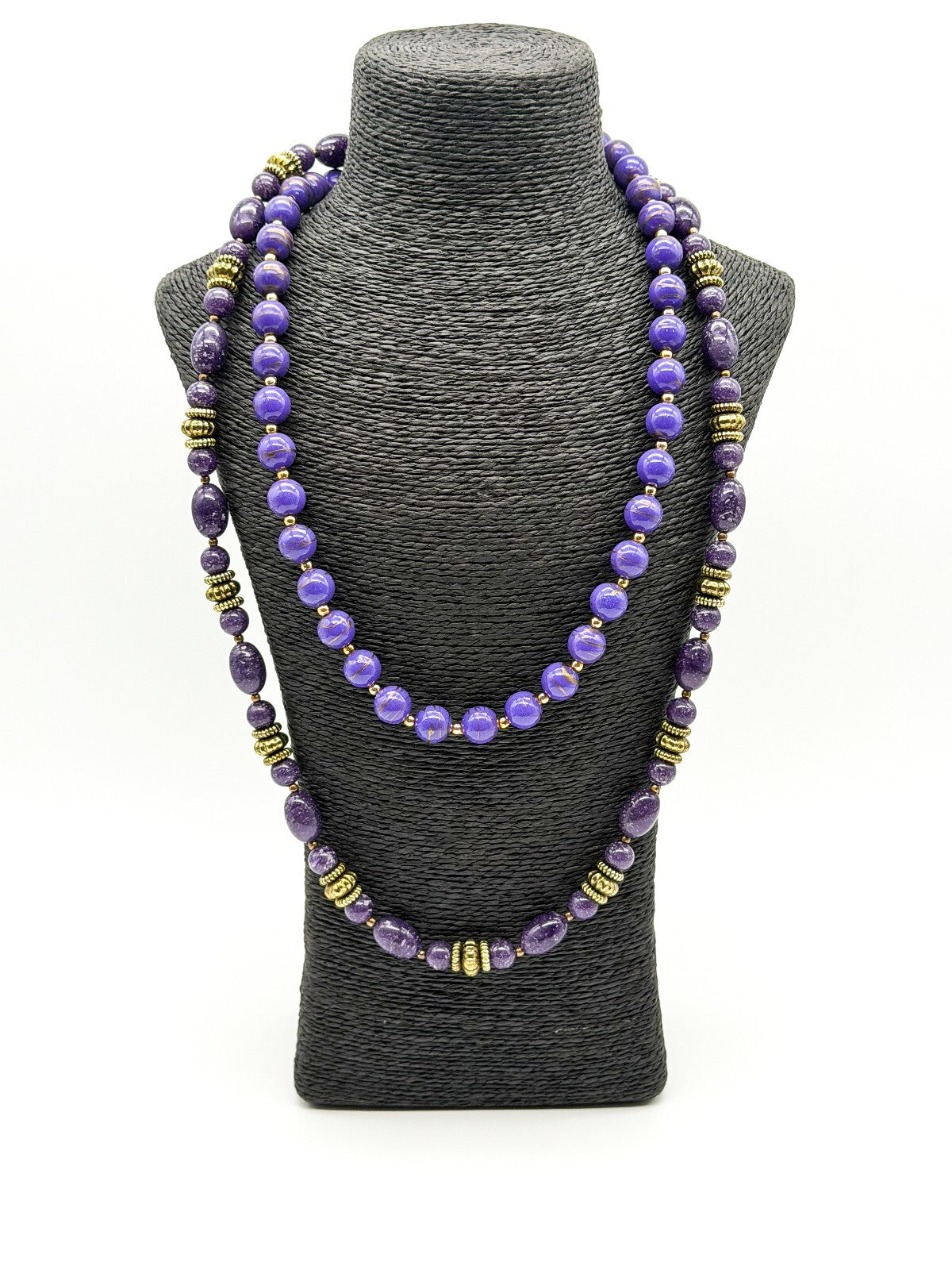 Vintage Purple Marbled Acrylic Bead Necklaces Gold Swirl Beads Necklace Duo