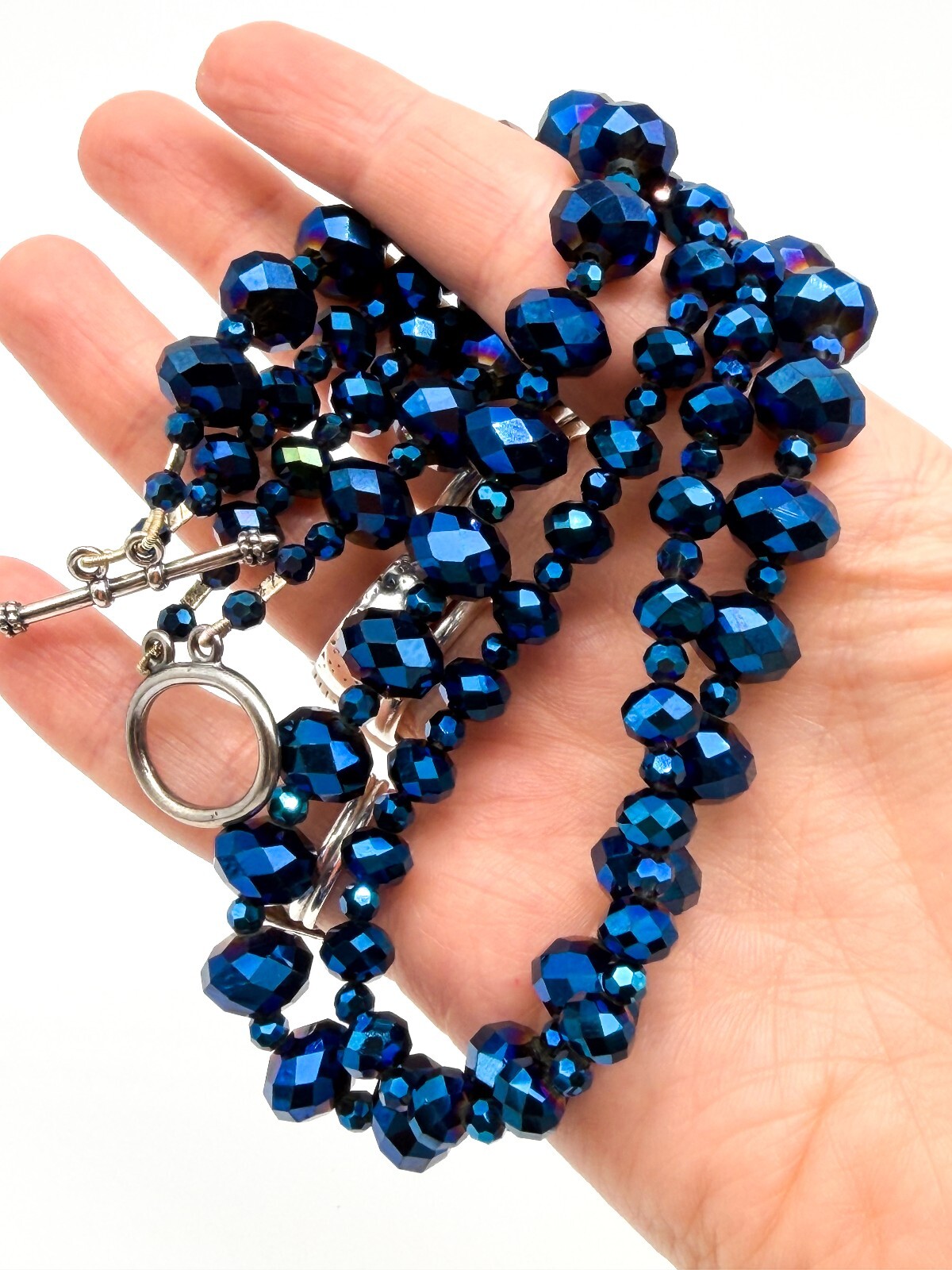 Multi Strand Blue Purple Iridescent Oil Slick Glass Beaded Necklace 925 Toggle