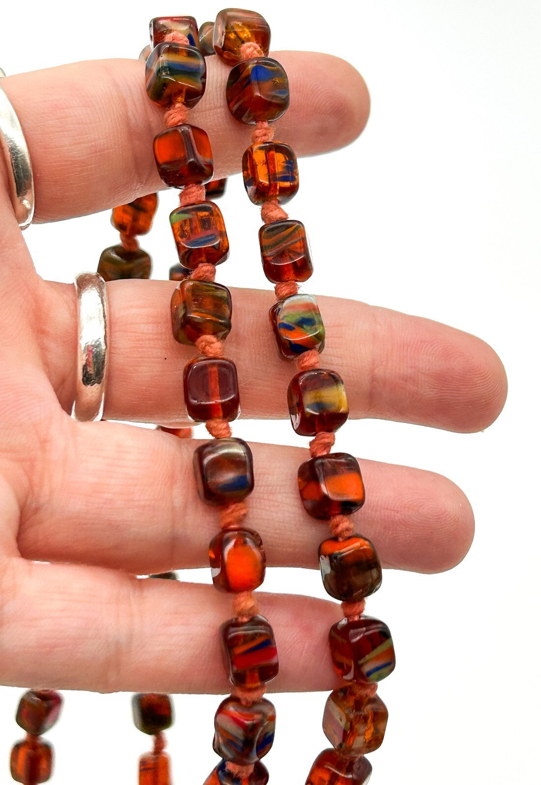 Vintage Orange Czech Art Glass Hand Knotted Necklace Blue Green Spatter Cubes