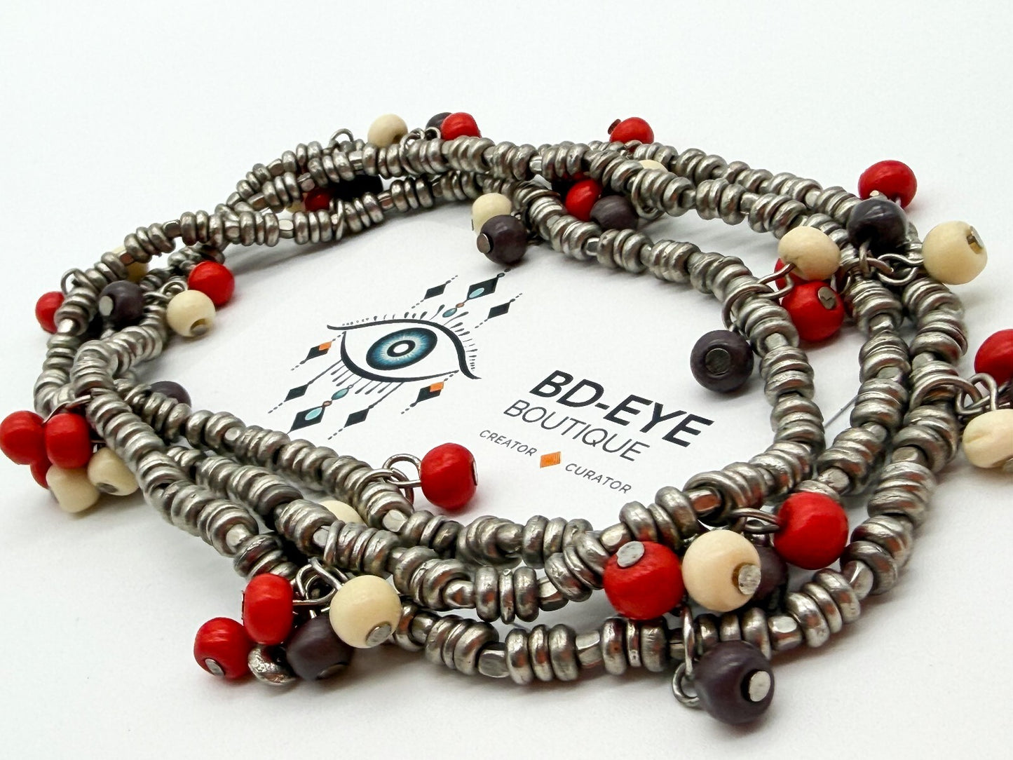 Long Silver Tone Spacer Bead Necklace Red Wood Beads Boho 36” Strand