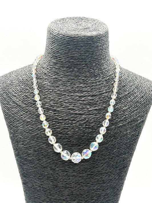Vintage Aurora Borealis Crystal Necklace Faceted Glass Rhinestone Box Clasp 18"