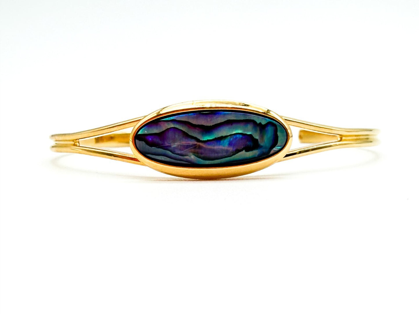 Gold Tone Abalone Paua Shell Torque Cuff Bangle Blue Green Iridescent Bracelet