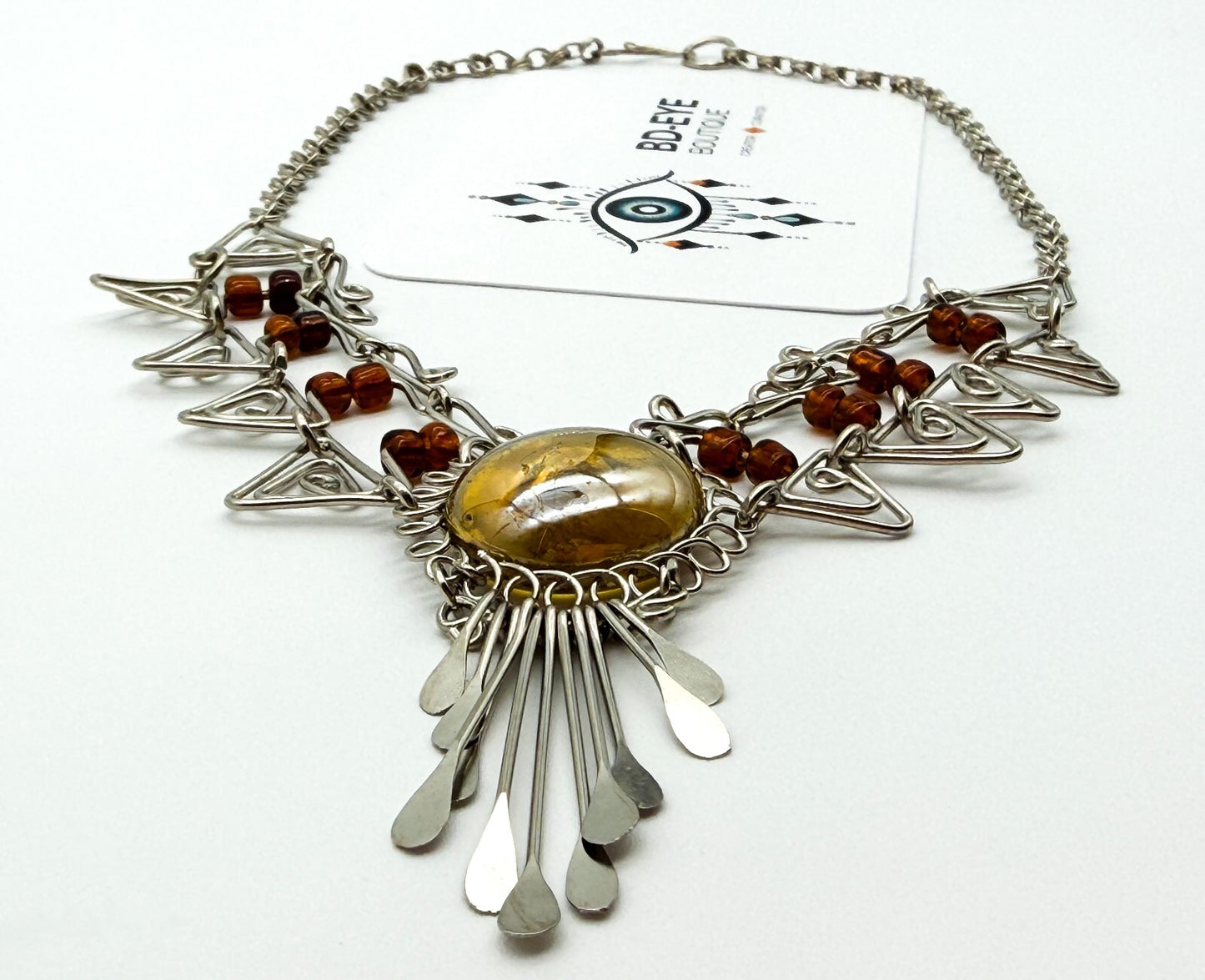Peruvian Alpaca Necklace Earrings Set Yellow Glass Statement Boho Artisan