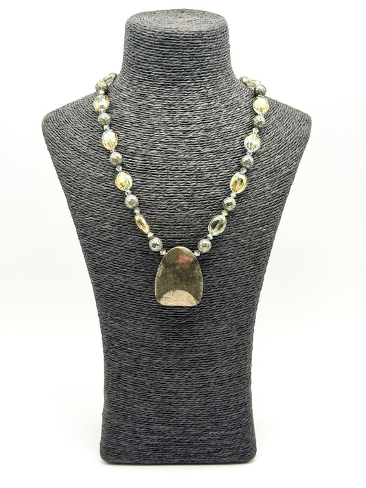 Natural Pyrite Statement Necklace Faceted Smoky AB Crystal Gemstone Pendant