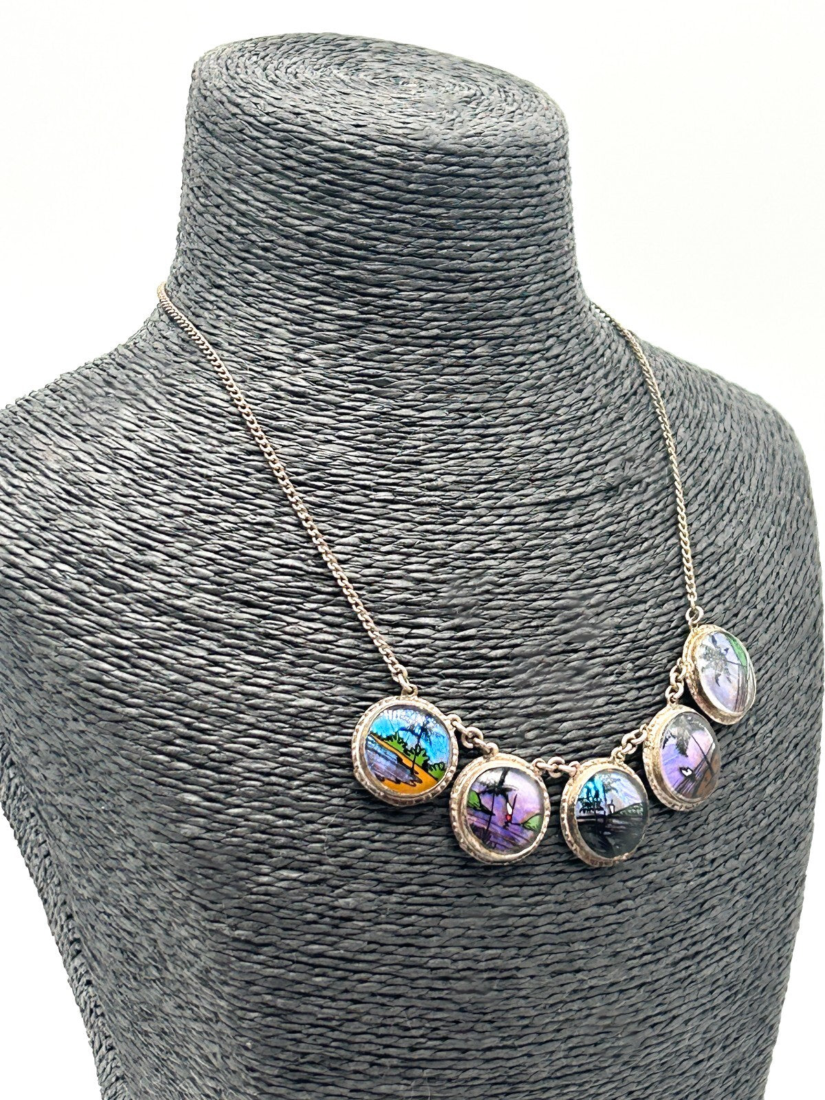 Morpho Butterfly Wing Necklace Tropical Painted Bubble Glass Brazil 1920s-1930s