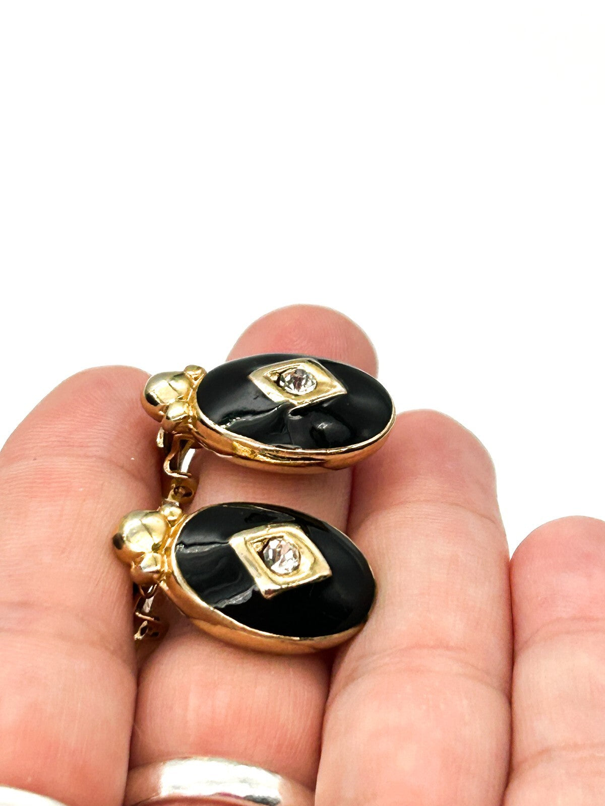 Vintage Gold Tone Black Enamel Clip On Earrings Clear Rhinestone Oval Deco Style