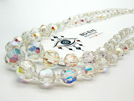 Vintage Aurora Borealis Crystal Necklace 2 Strand AB Glass Rhinestone Clasp 19"