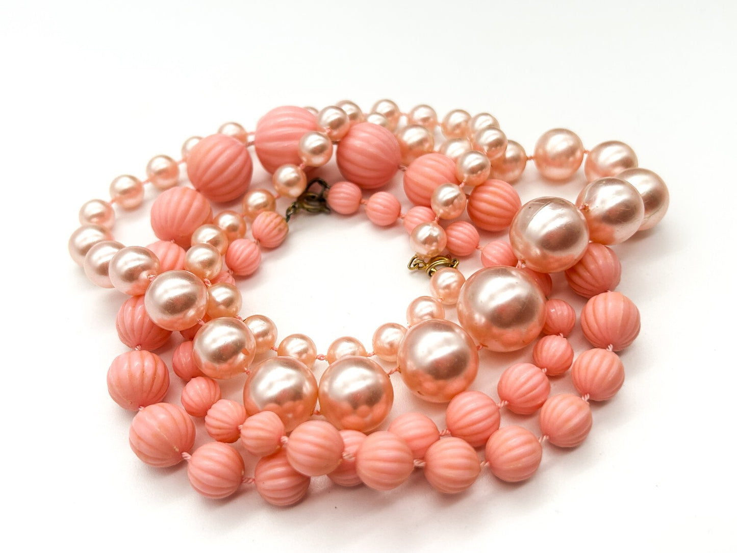 Vintage Pink Necklace Bundle Pastel Baby Pink Faux Pearl & Ribbed Acrylic Beads