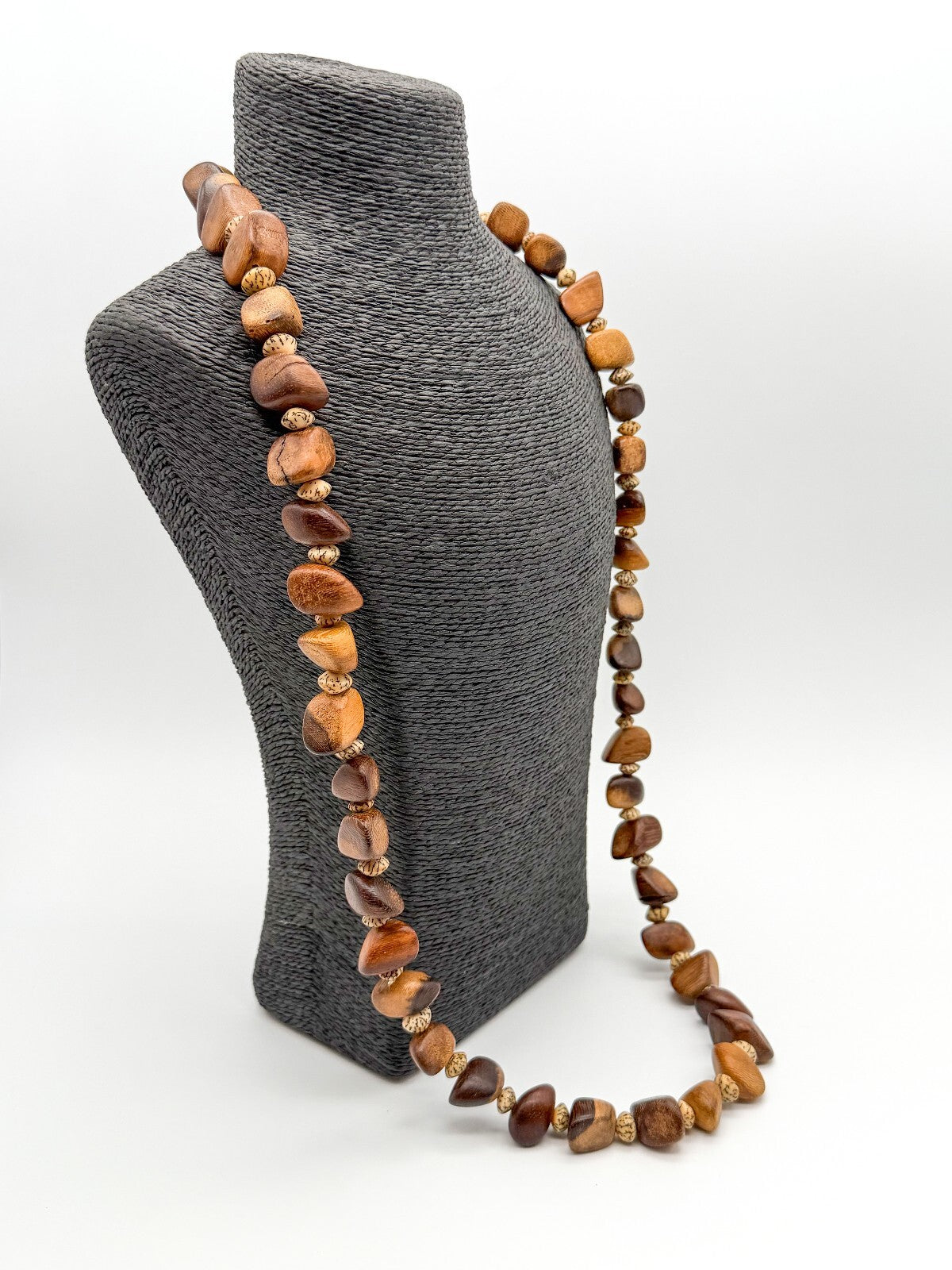 Vintage Wood & Tagua Nut Statement Necklace Long Boho Natural Wooden Beads