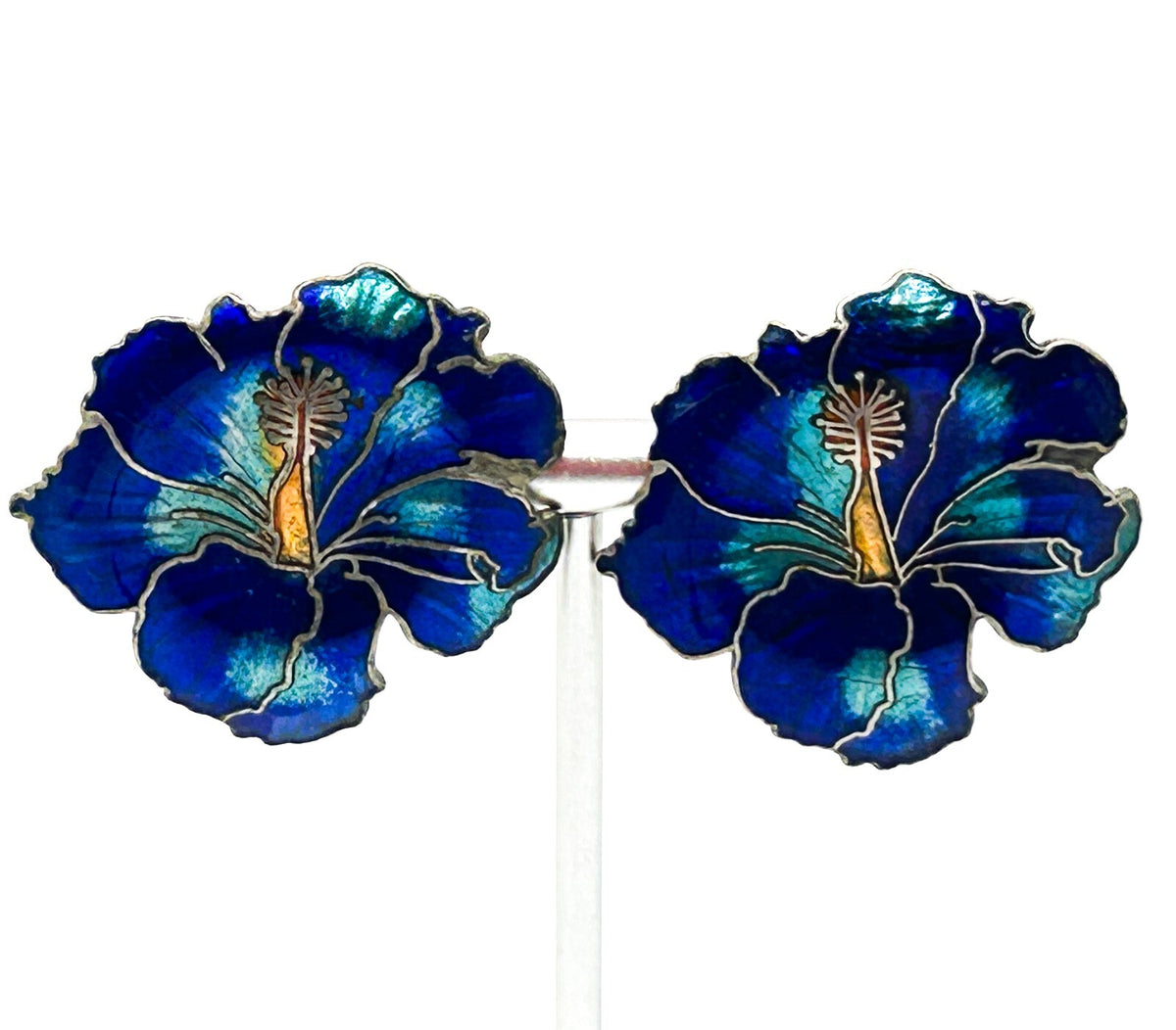 Vintage Cobalt Blue Hibiscus Cloisonné Enamel Flower Statement Stud Earrings