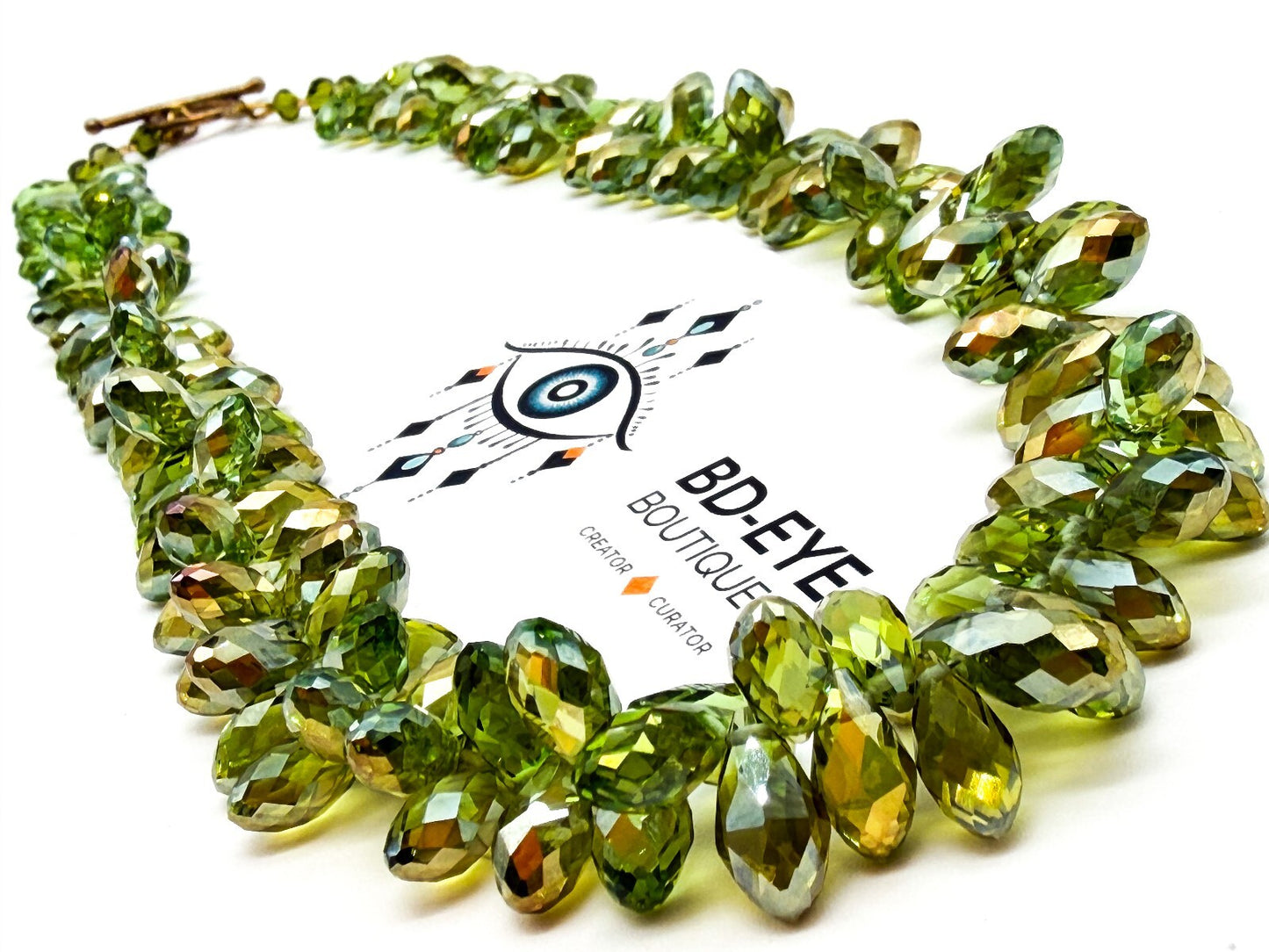 Swarovski Beads Green Crystal Necklace Faceted Teardrop Beads Gold Tone Toggle