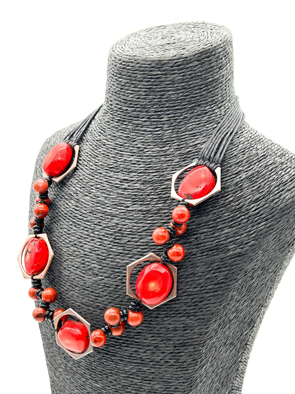 Chunky Red Coral Nugget Necklace Bronze Hexagon Beads Multi Strand Statement