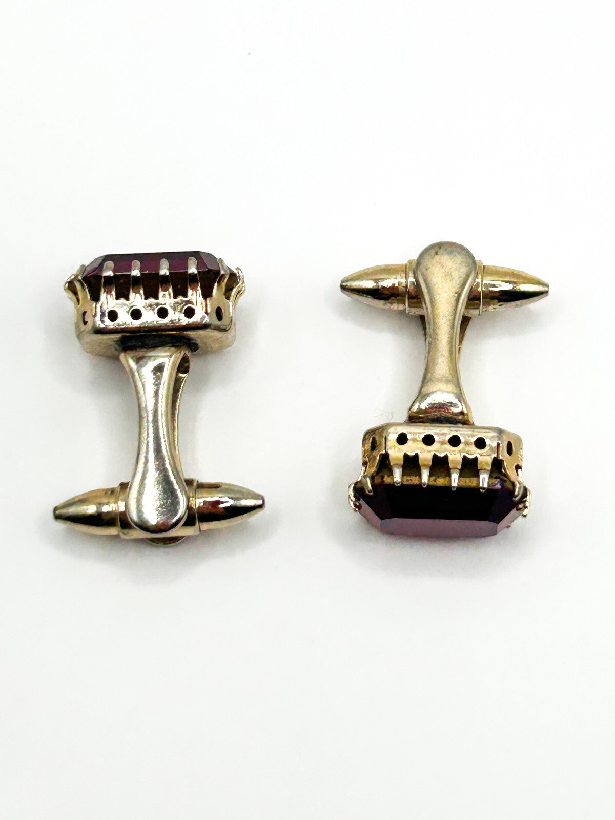 Vintage Ruby Red Faceted Glass Gold Tone Cufflinks PAT APP Prong Set 1950s 60s