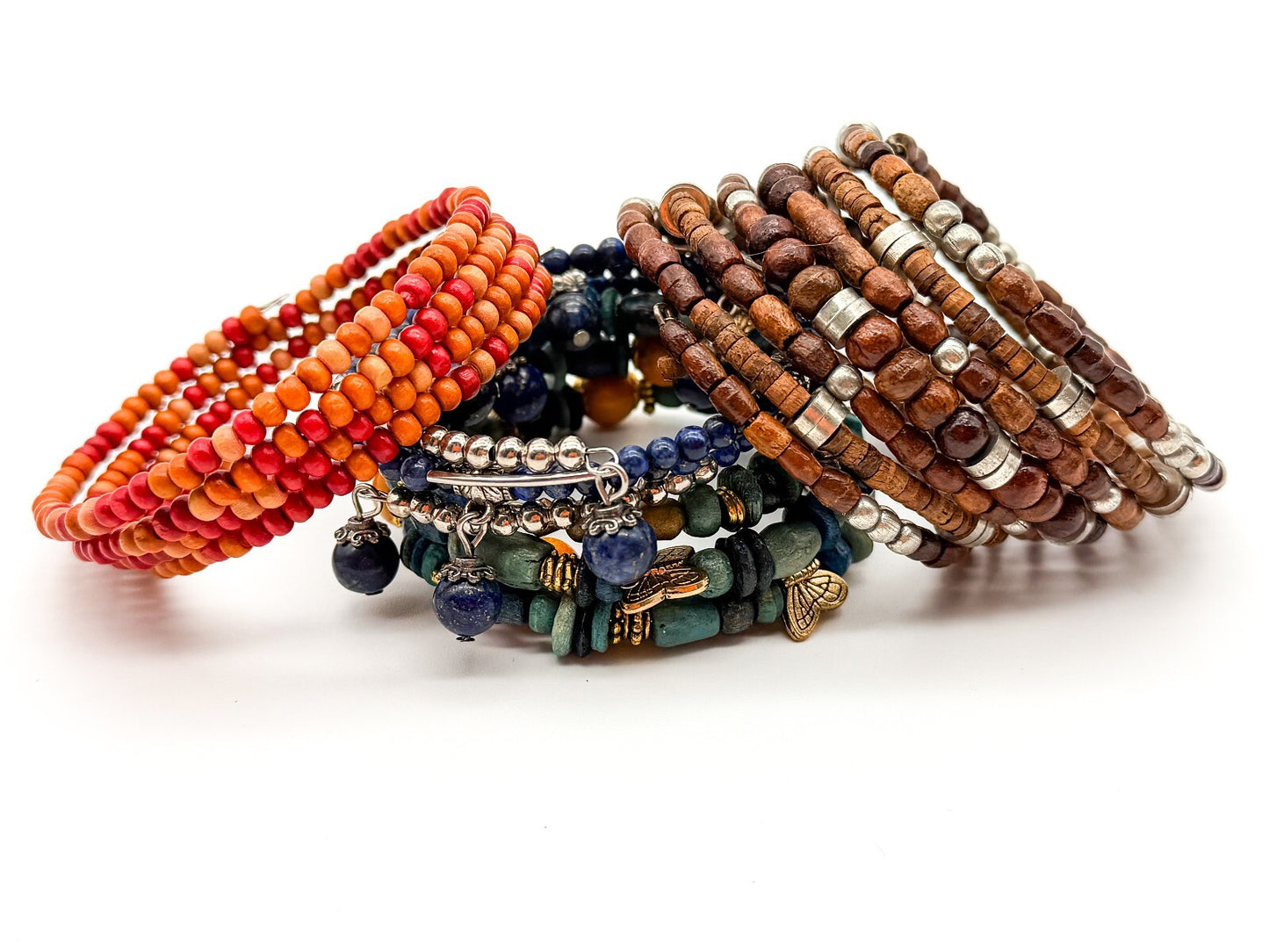 Boho Memory Wire Bracelet Bundle Set 4 Lapis Lazuli Wood Beaded Stack Bracelets
