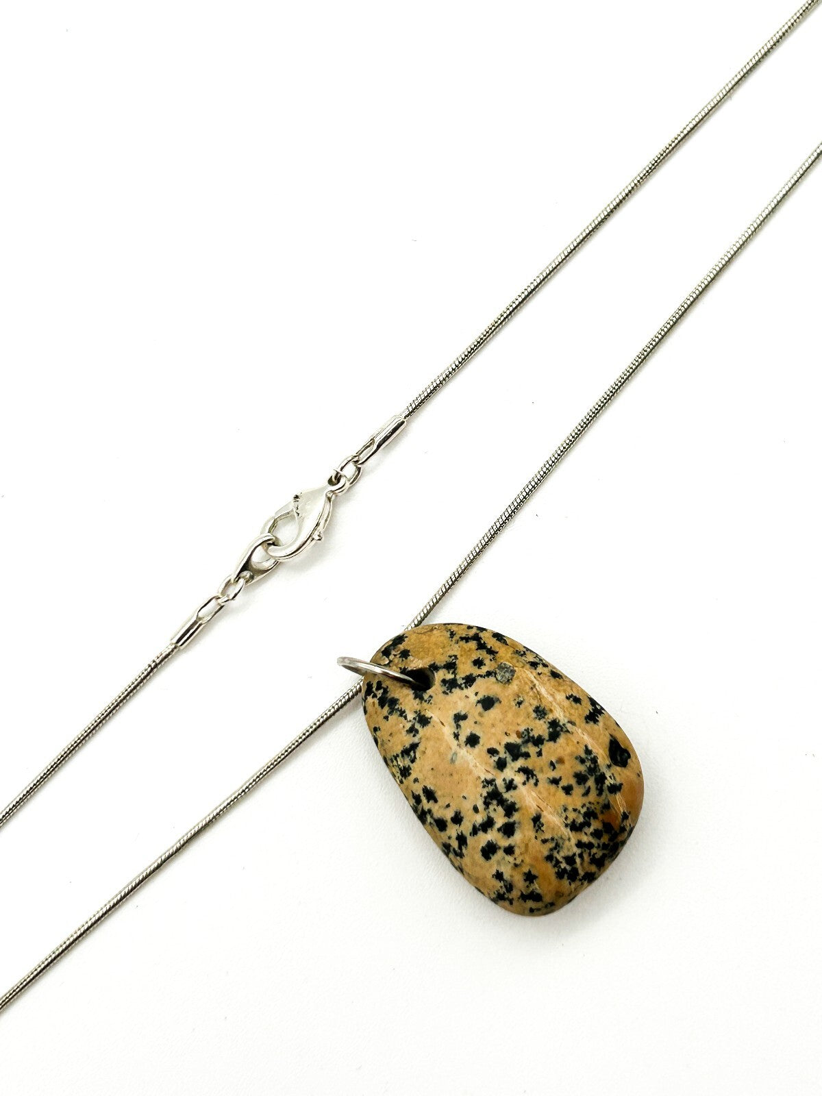 Dalmatian Jasper Pendant Necklace Natural Gemstone Silver Tone Snake Chain