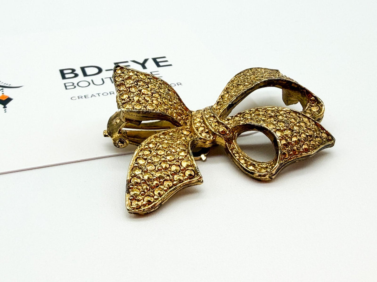 Vintage Gold Tone Bow Clip On Earrings Textured Statement 1980s Style
