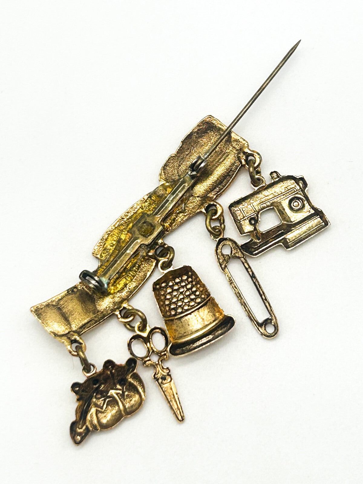 Vintage Gold Tone Sewing Tape Measure Charm Bar Brooch Sewing Machine Scissors