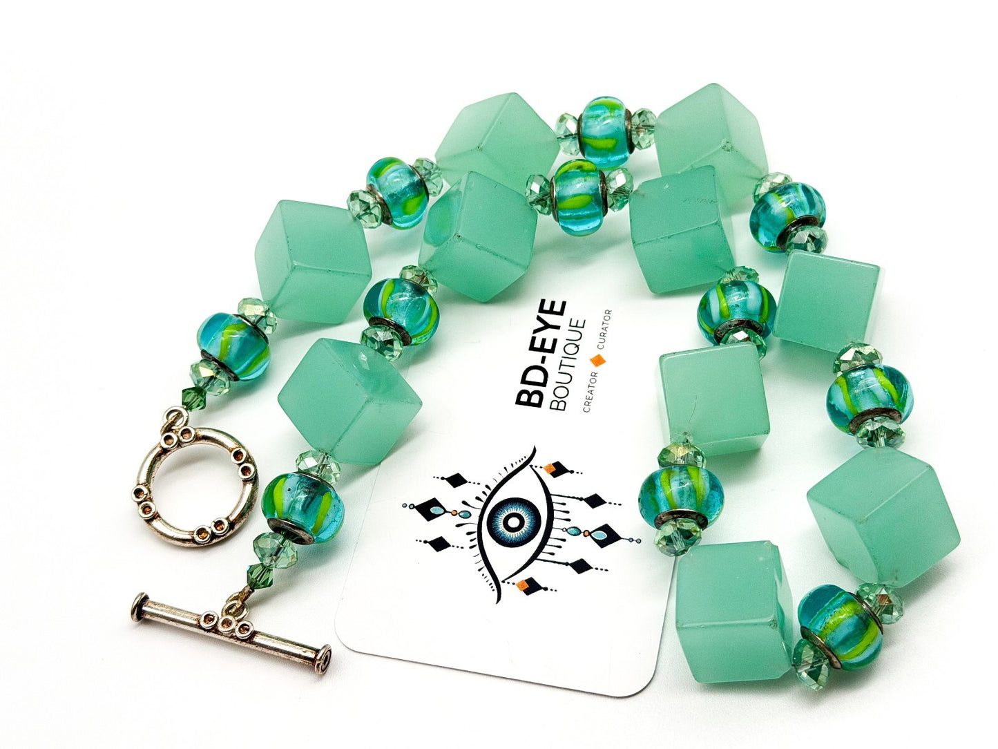 Chunky Mint Green Glass Statement Necklace Lampwork Glass Toggle Clasp
