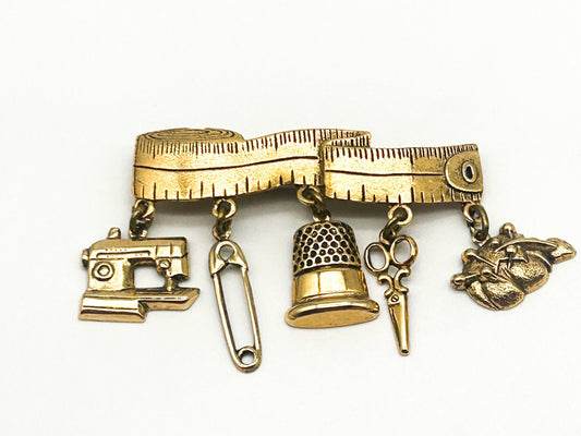 Vintage Gold Tone Sewing Tape Measure Charm Bar Brooch Sewing Machine Scissors