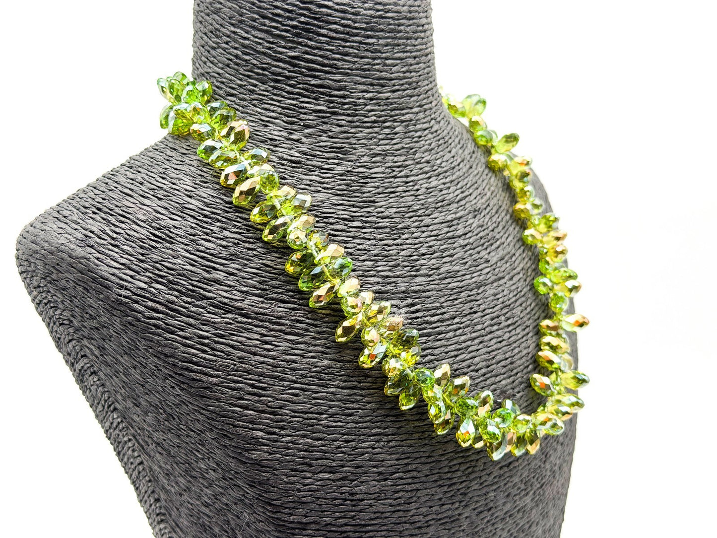 Swarovski Beads Green Crystal Necklace Faceted Teardrop Beads Gold Tone Toggle