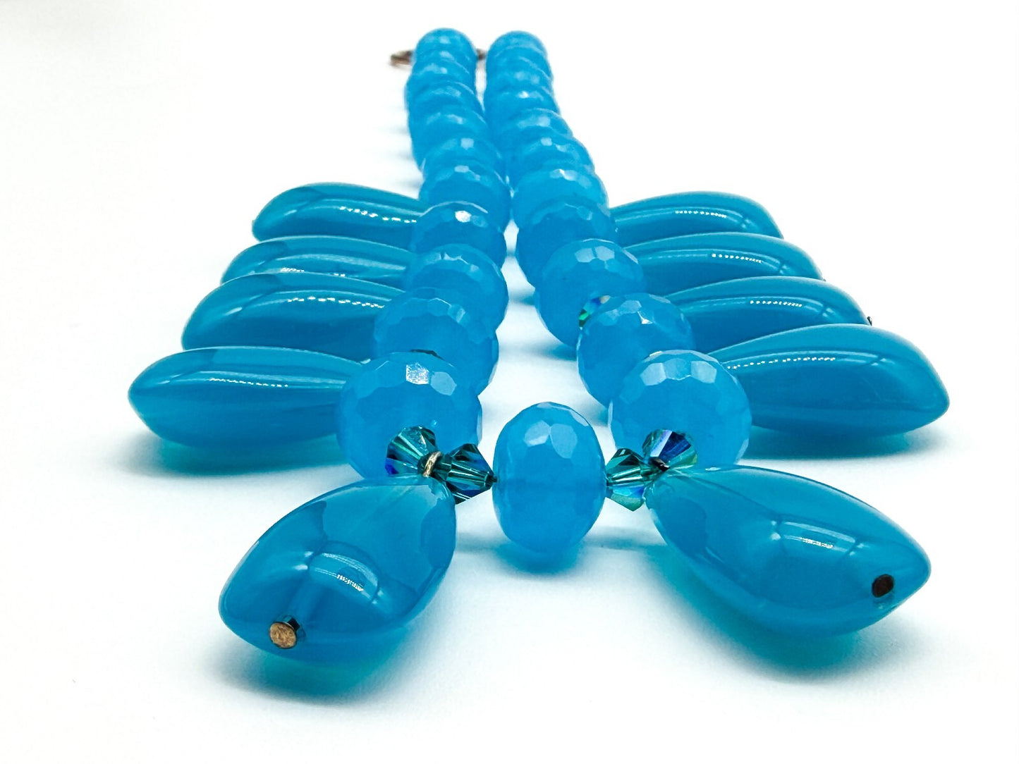 Turquoise Blue Glass Teardrop Fringe Statement Necklace Crystal Spacers Toggle