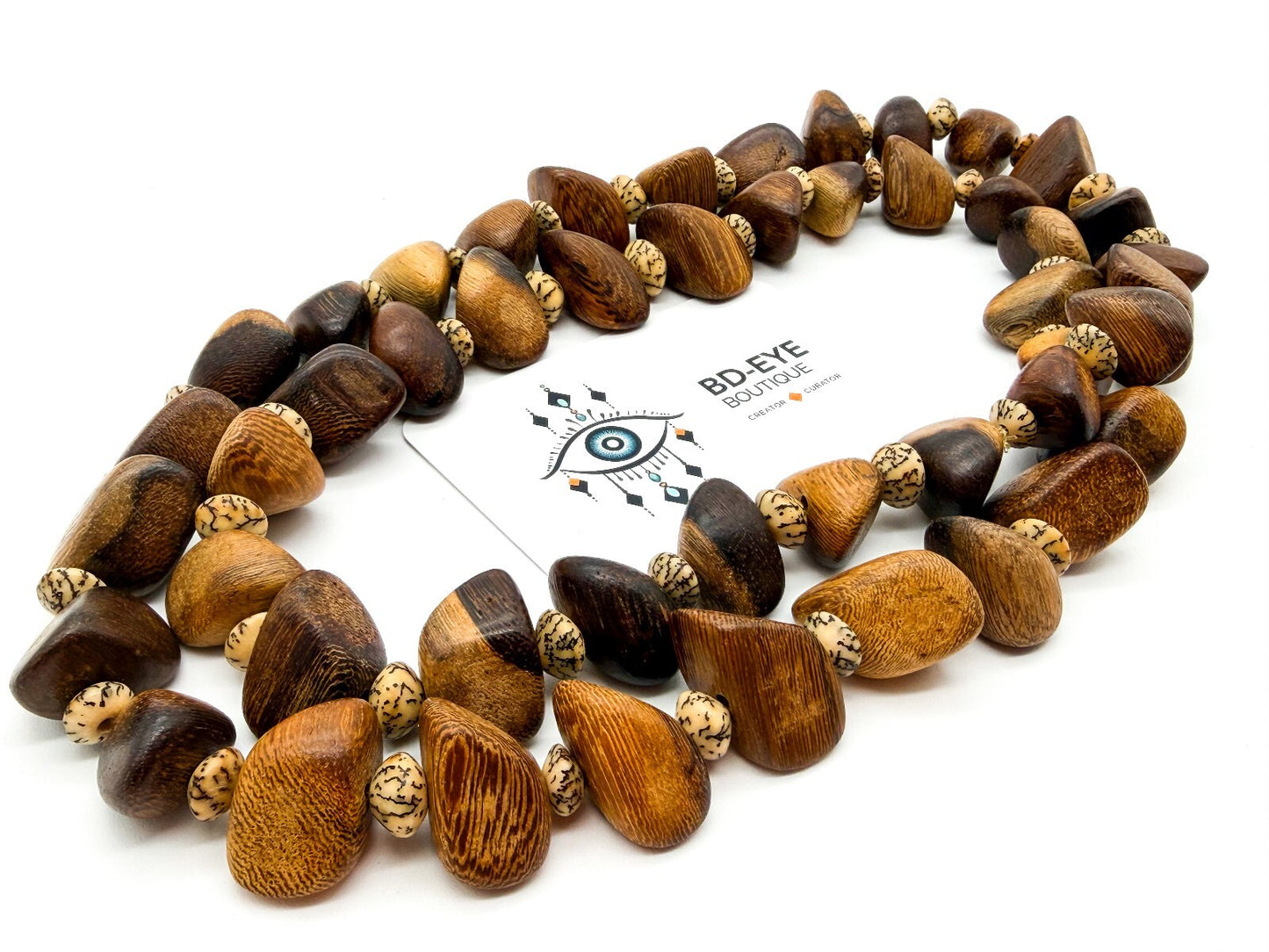 Vintage Wood & Tagua Nut Statement Necklace Long Boho Natural Wooden Beads