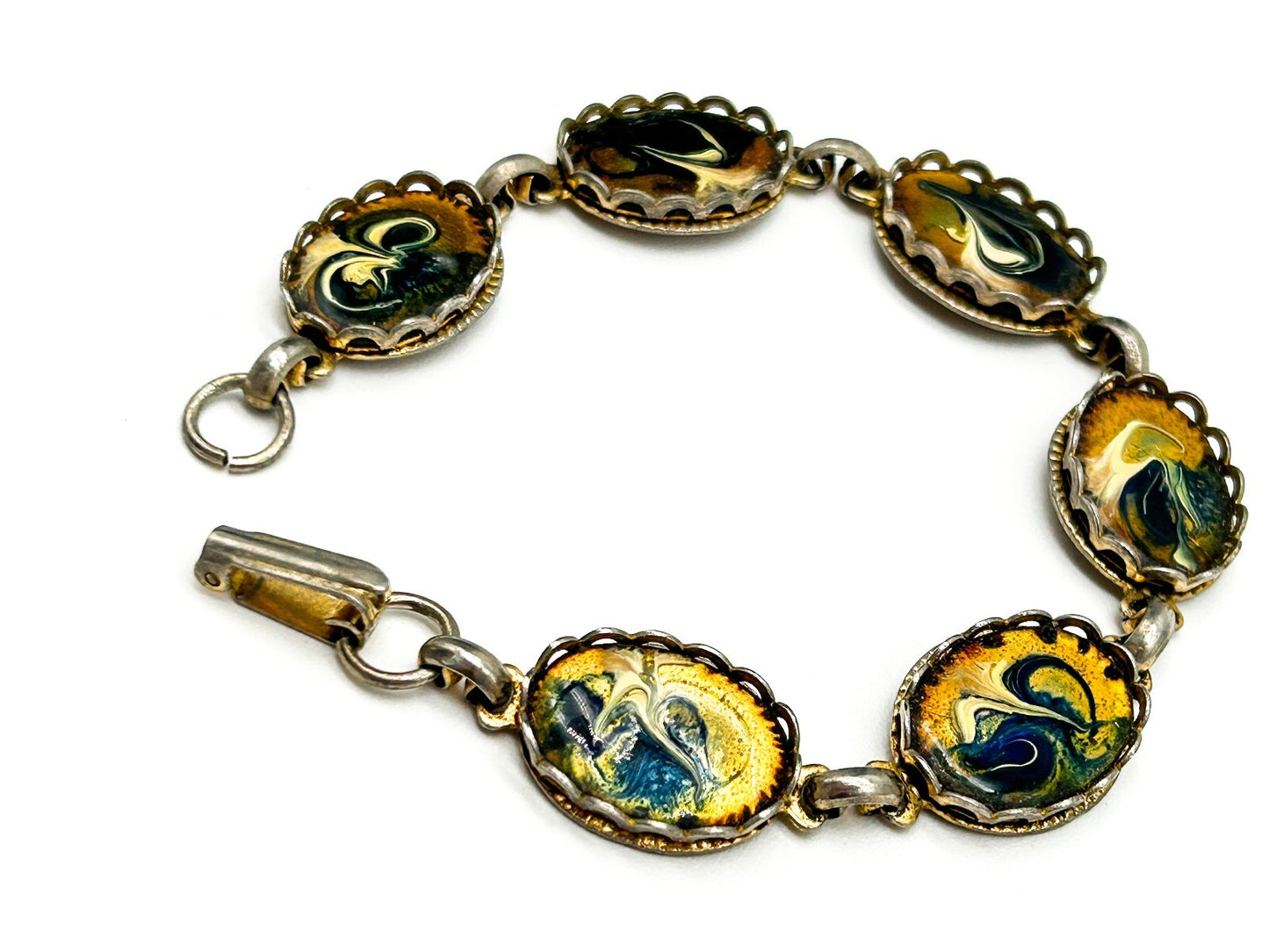Vintage Enamel Panel Bracelet Gold Blue White Marbled Swirl Oval Bracelet 7.5”