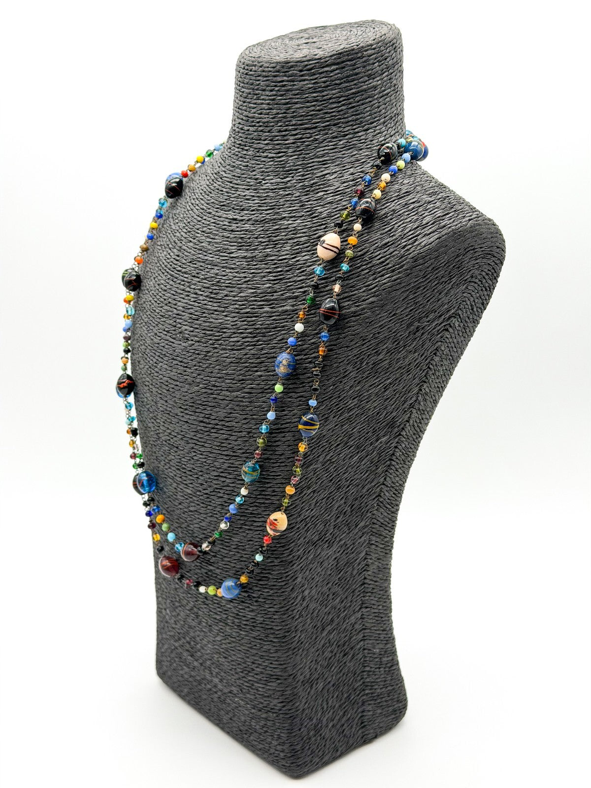 Vintage Murano Glass Necklace Italian Art Glass Flapper Blue Lampwork 26.5”
