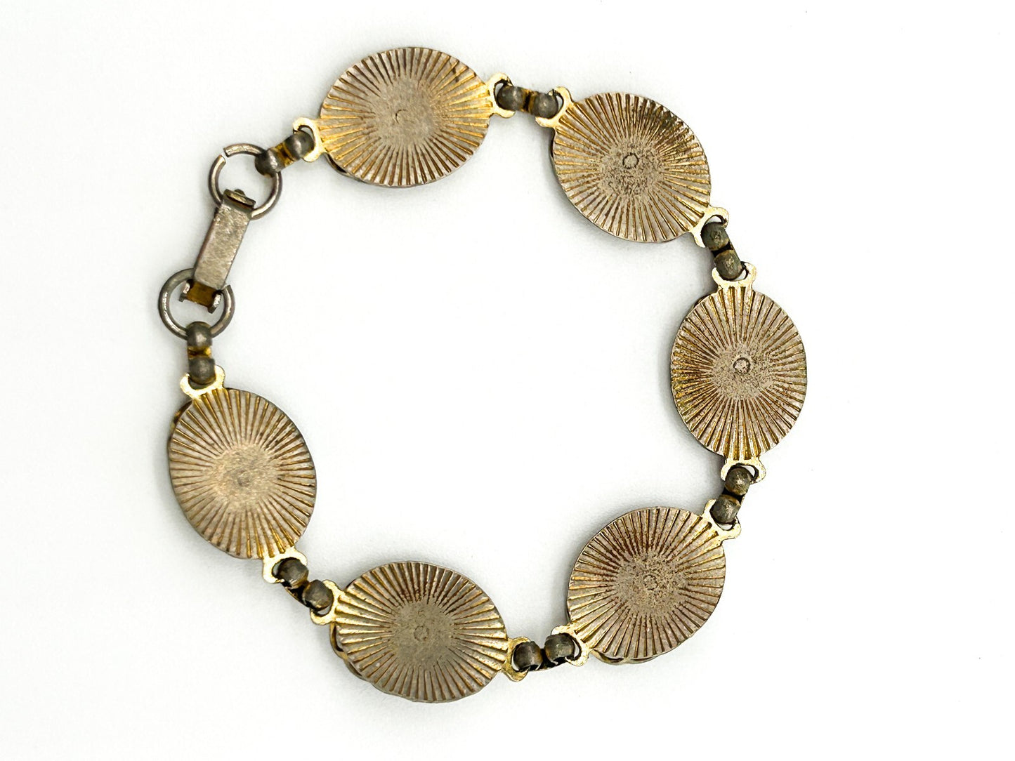 Vintage Enamel Panel Bracelet Gold Blue White Marbled Swirl Oval Bracelet 7.5”
