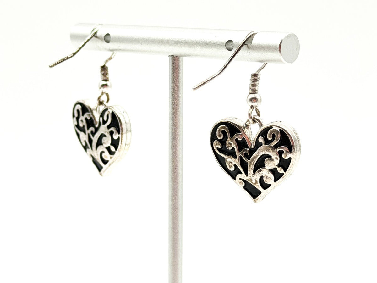 Silver Tone Love Heart Dangle Earrings Scroll Vine Detail on Black Drop Earrings