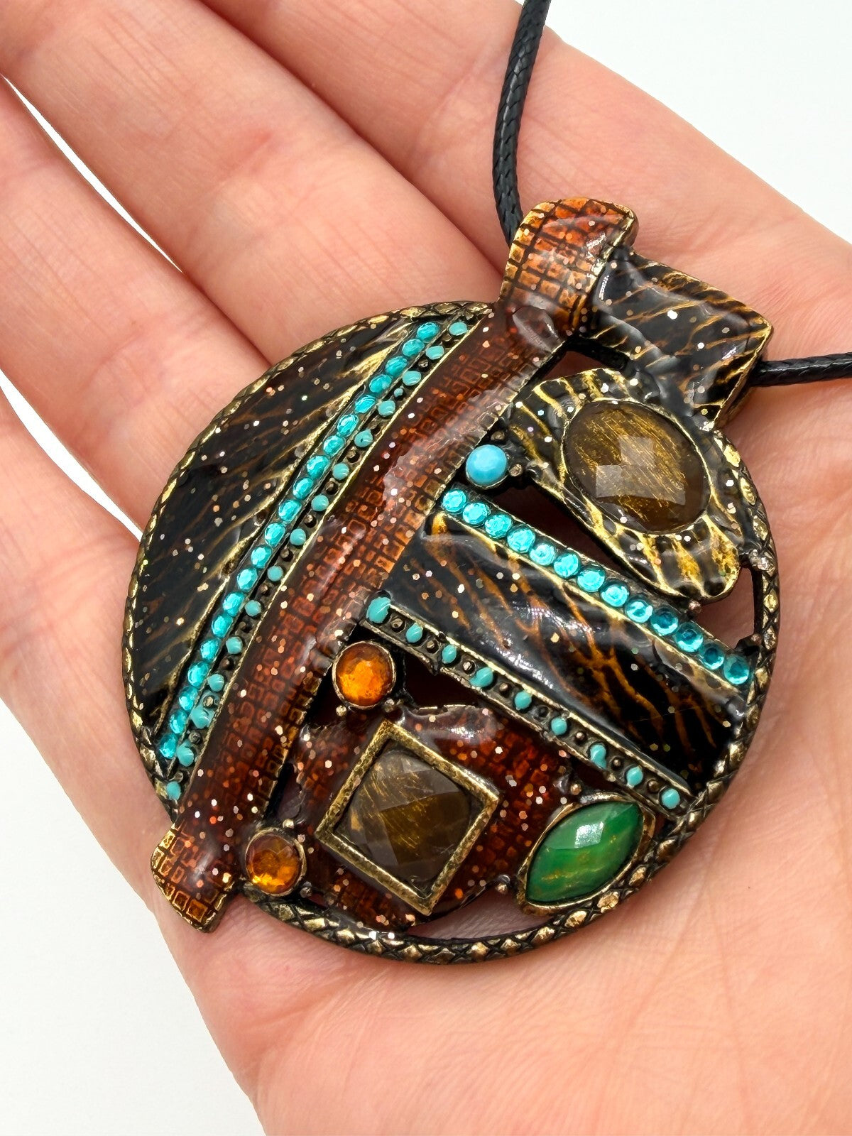 Ikita Paris Statement Pendant Necklace Brown Enamel Turquoise Rhinestone Cord