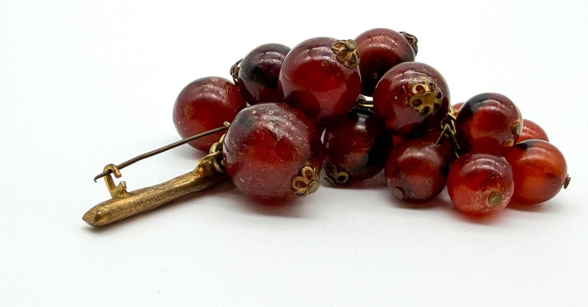 Vintage Cha Cha Lucite Grape Cluster Brooch Red Berry Gold Tone Pin 3.5 Inch