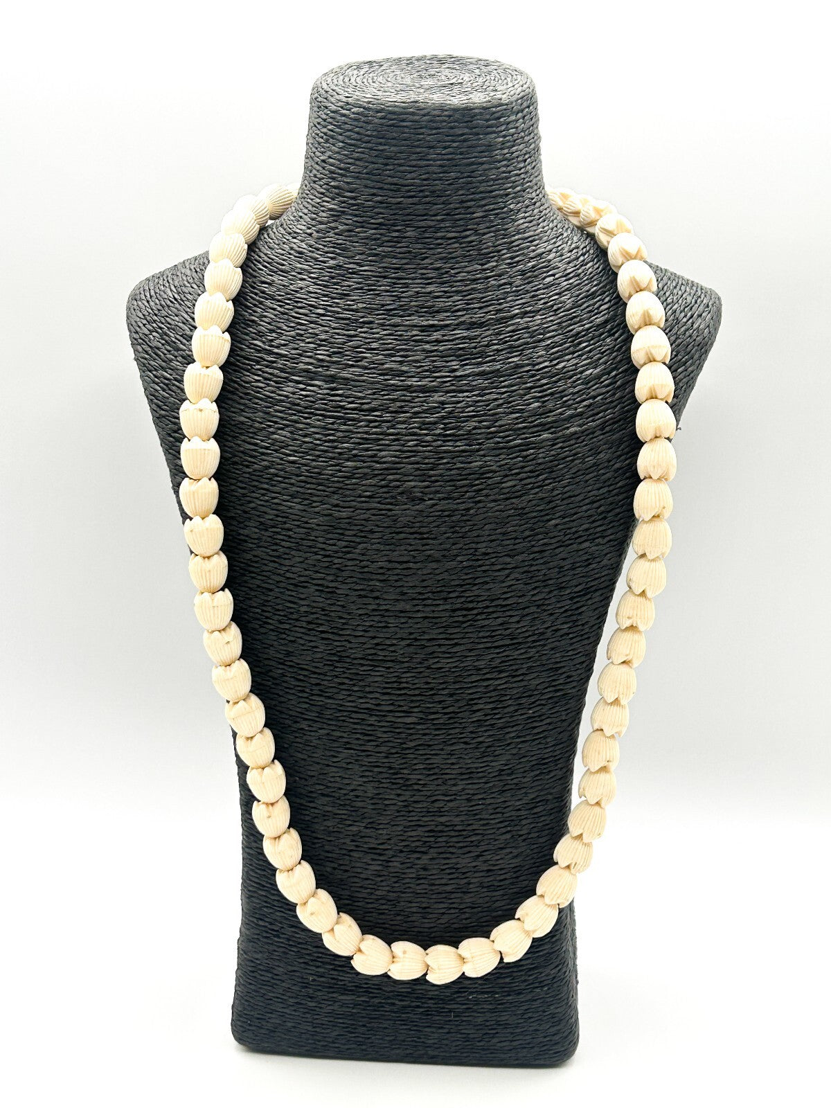 Vintage Carved Celluloid Flower Bud Necklace Cream Ribbed Bead Long Strand