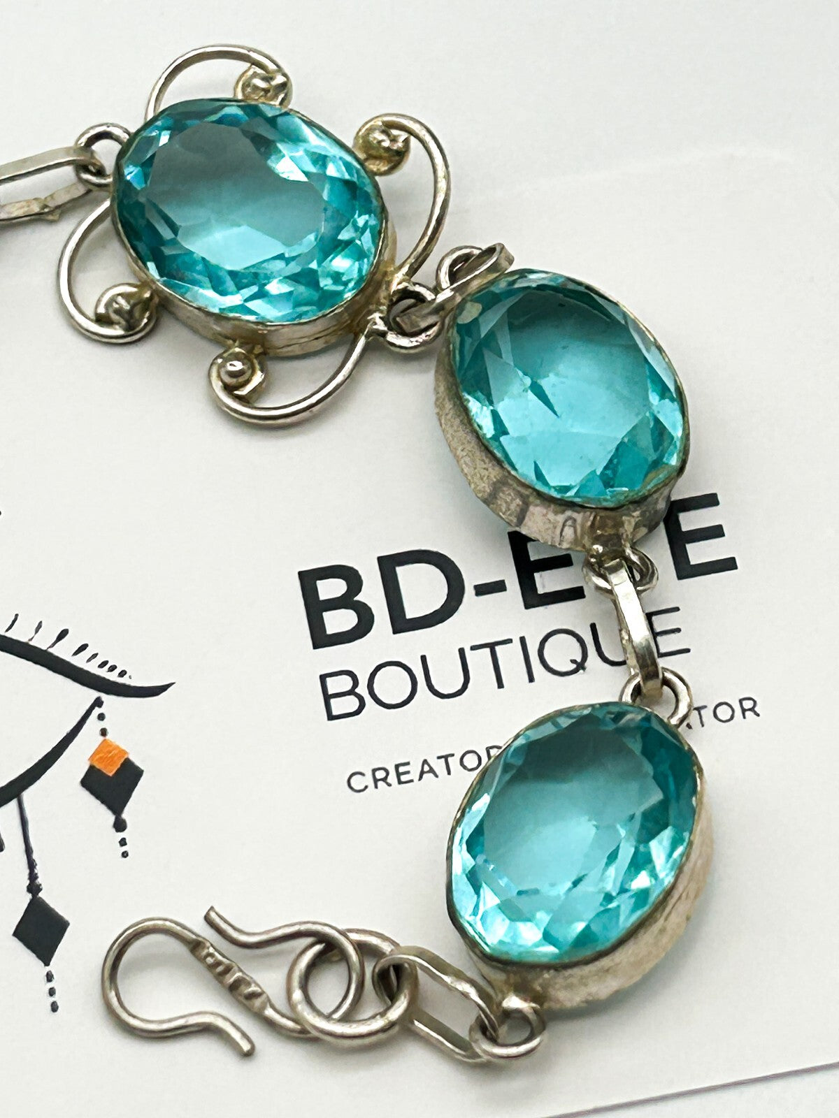 Vintage Aqua Blue Faceted Glass Cabochon Bracelet Silver Tone Open Back Bezel
