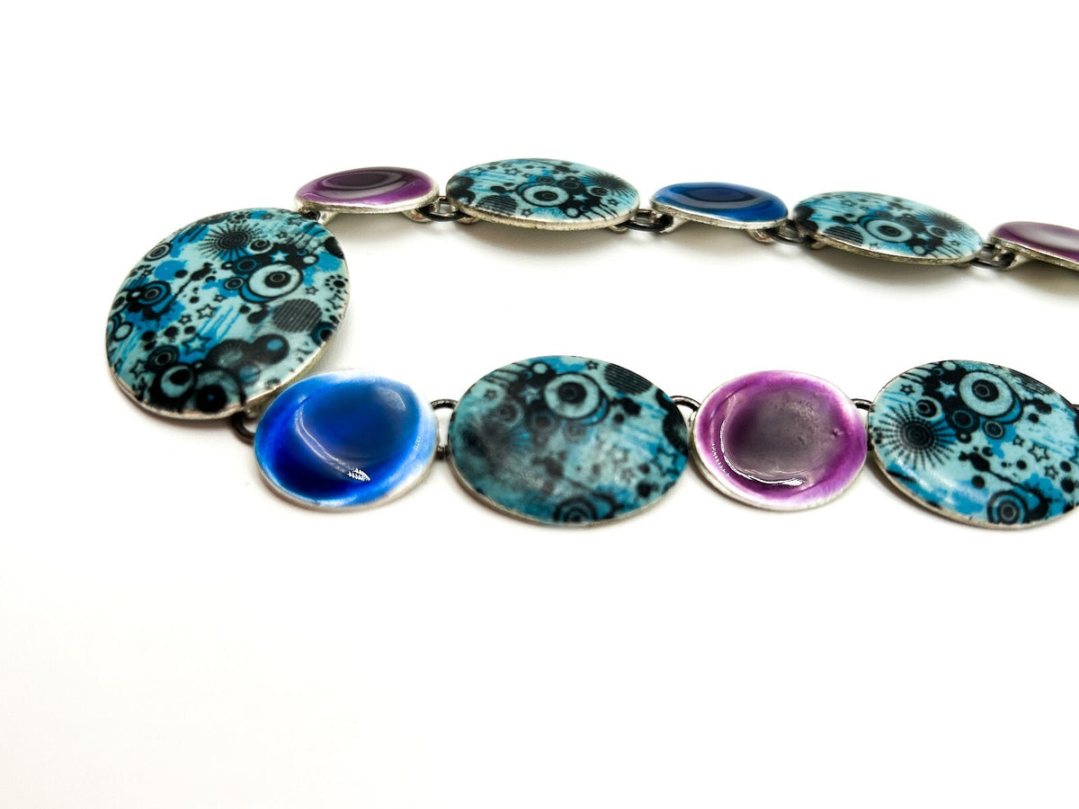 Ikita Statement Necklace Blue Purple Enamel Disc Necklace Articulated Adjustable