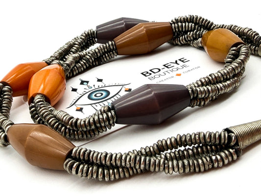 East Triple Strand Statement Necklace Silver Tone Coiled Beads Acrylic Bicone