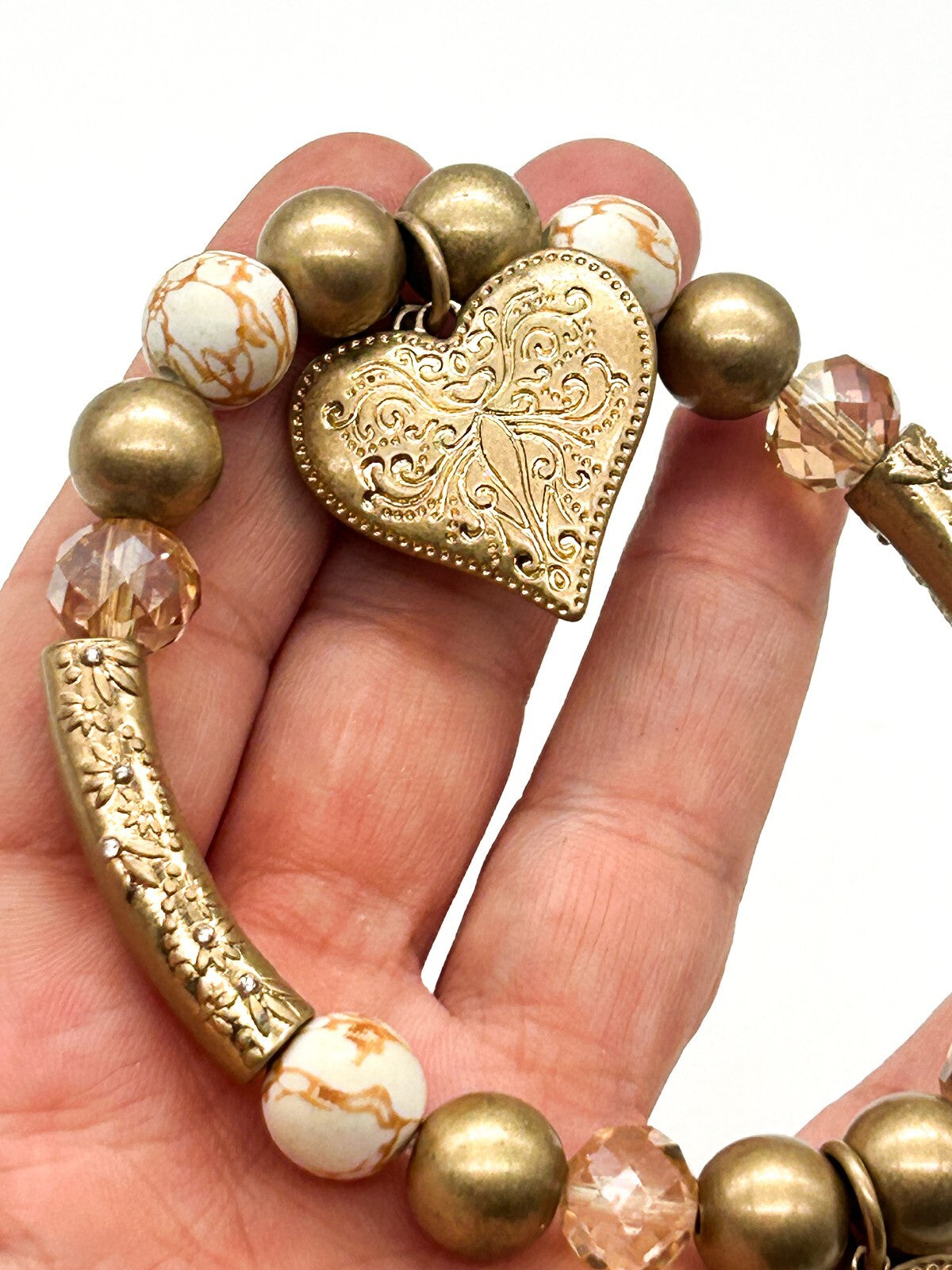Signed Bibi Bijoux Ornate Heart Charm Bracelet Gold Tone Crystal Marble Stretch