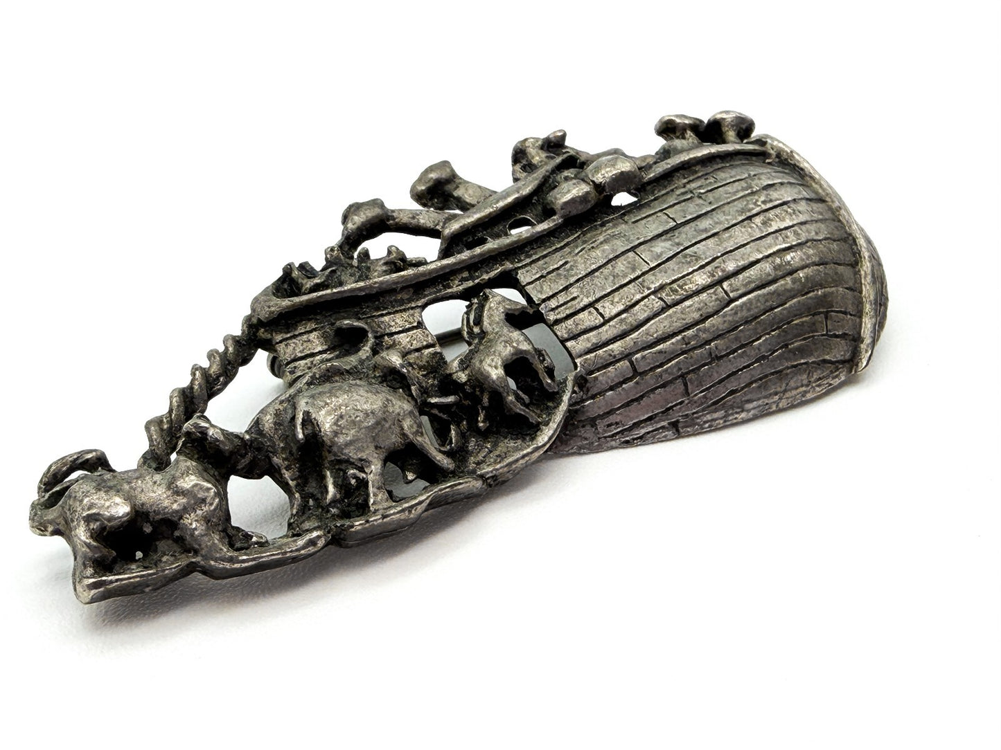 Vintage Pewter Noah’s Ark Brooch Animal Biblical Religious Pin 7cm