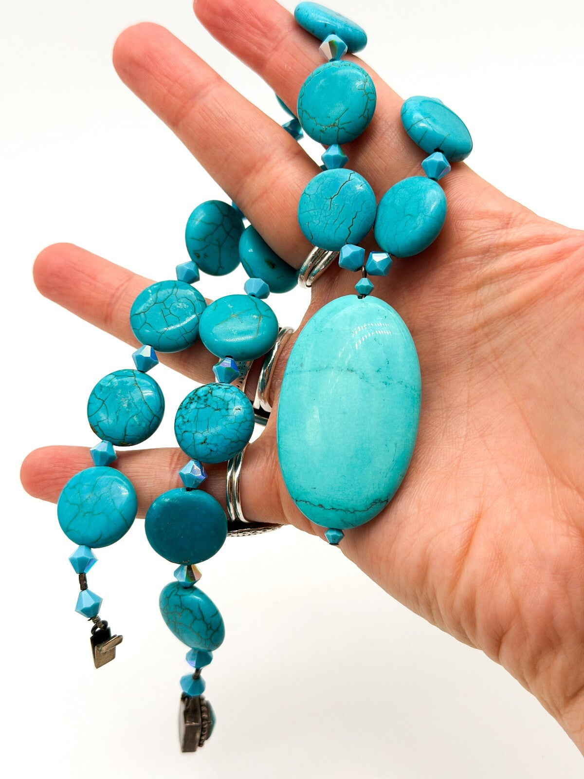 Turquoise Blue Magnesite Pendant Necklace AB Crystal Sterling Silver Box Clasp
